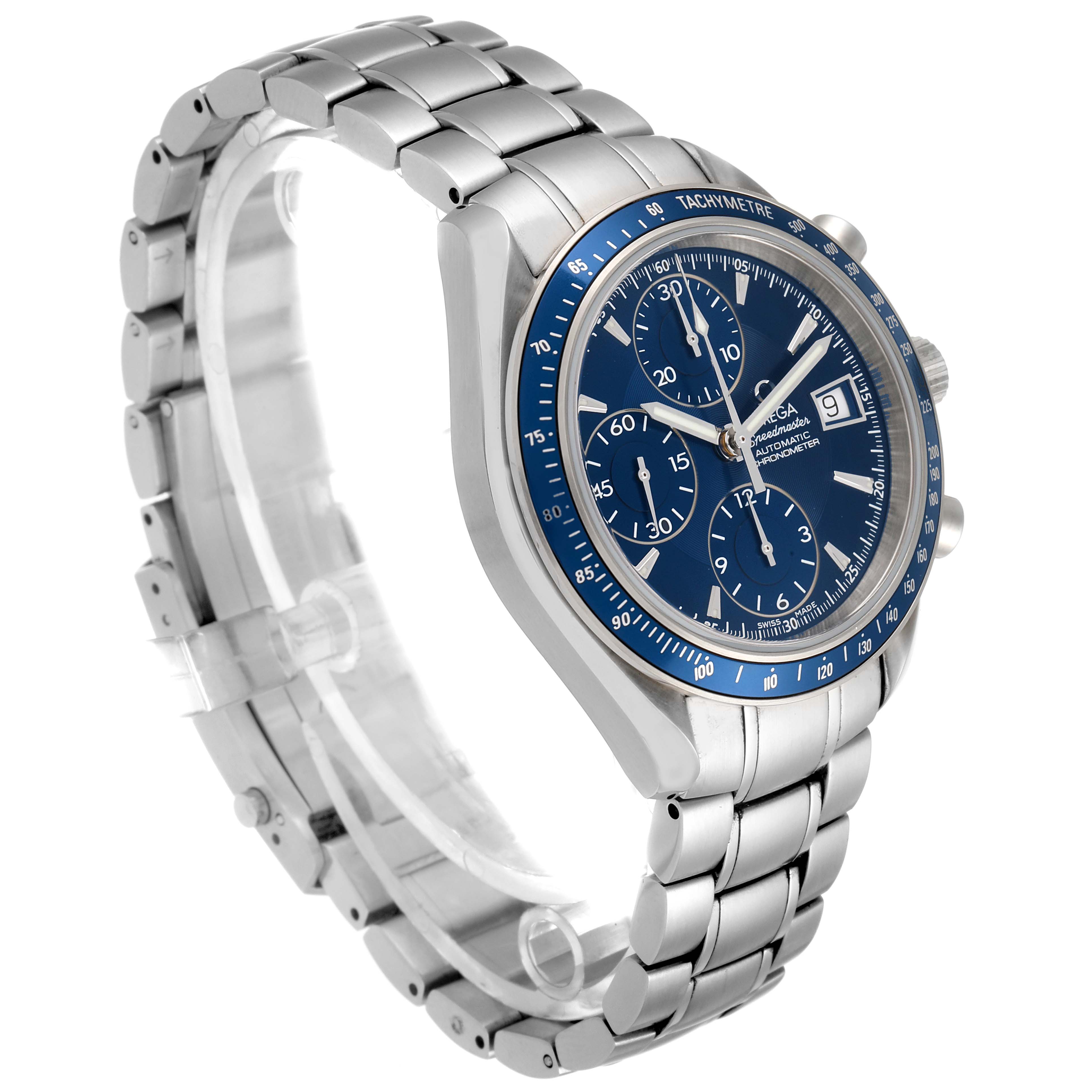 The Omega Speedmaster 3212.80.00 Men
s Stainless Steel Blue Dial 3212.80.00 Men
s Stainless Steel Blue Dial watch is shown from a three-quarter angle, highlighting the bracelet, bezel, and blue chronograph dial.