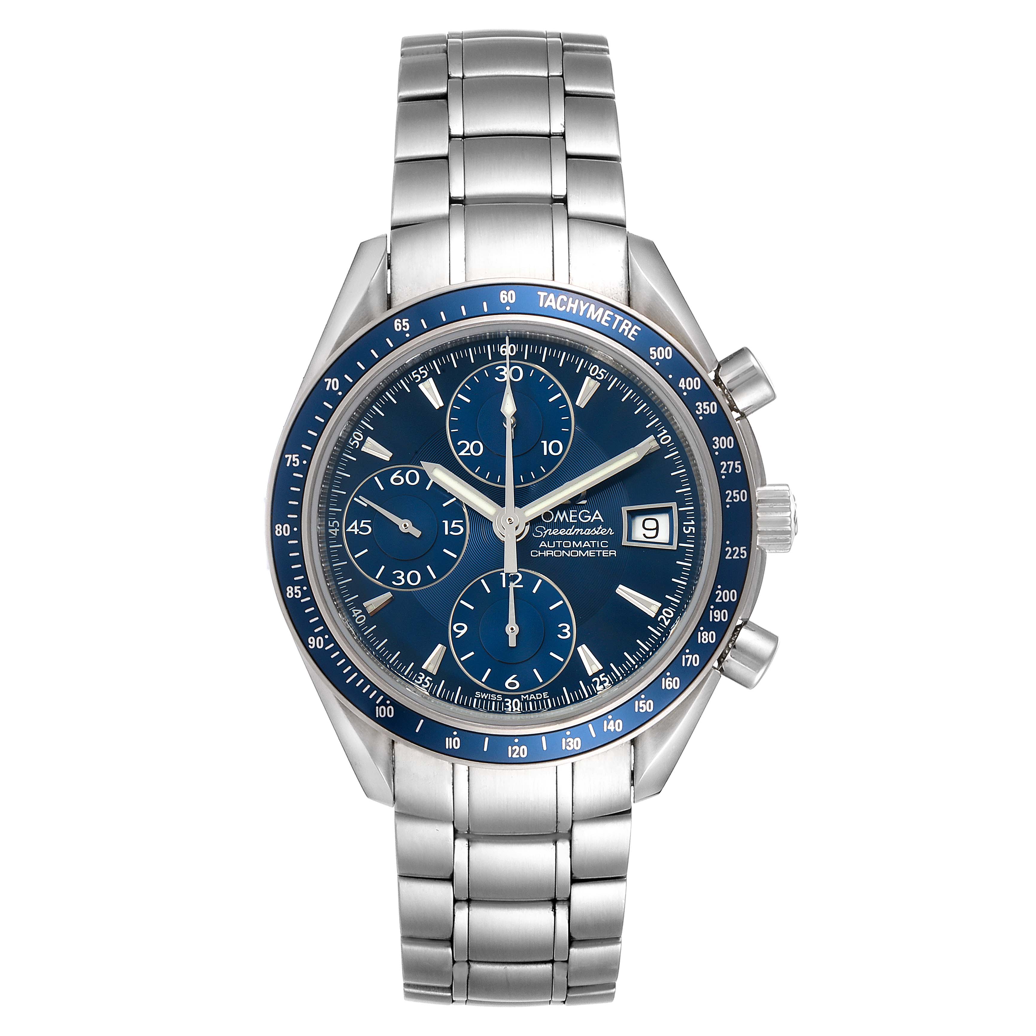 The Omega Speedmaster 3212.80.00 Men
s Stainless Steel Blue Dial 3212.80.00 Men
s Stainless Steel Blue Dial watch is shown from a front angle, displaying the face, bezel, and stainless steel bracelet.
