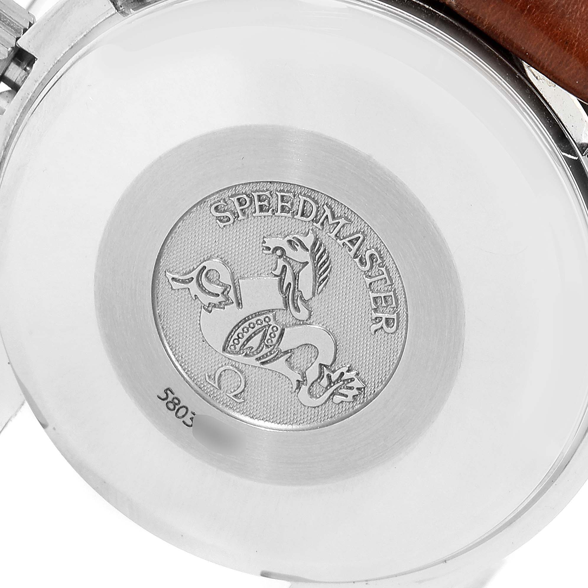 The image shows the back case of an Omega Speedmaster 3813.30.11 Men
s Stainless Steel Silver Dial 3813.30.11 Men
s Stainless Steel Silver Dial watch, displaying the Speedmaster logo and emblem.