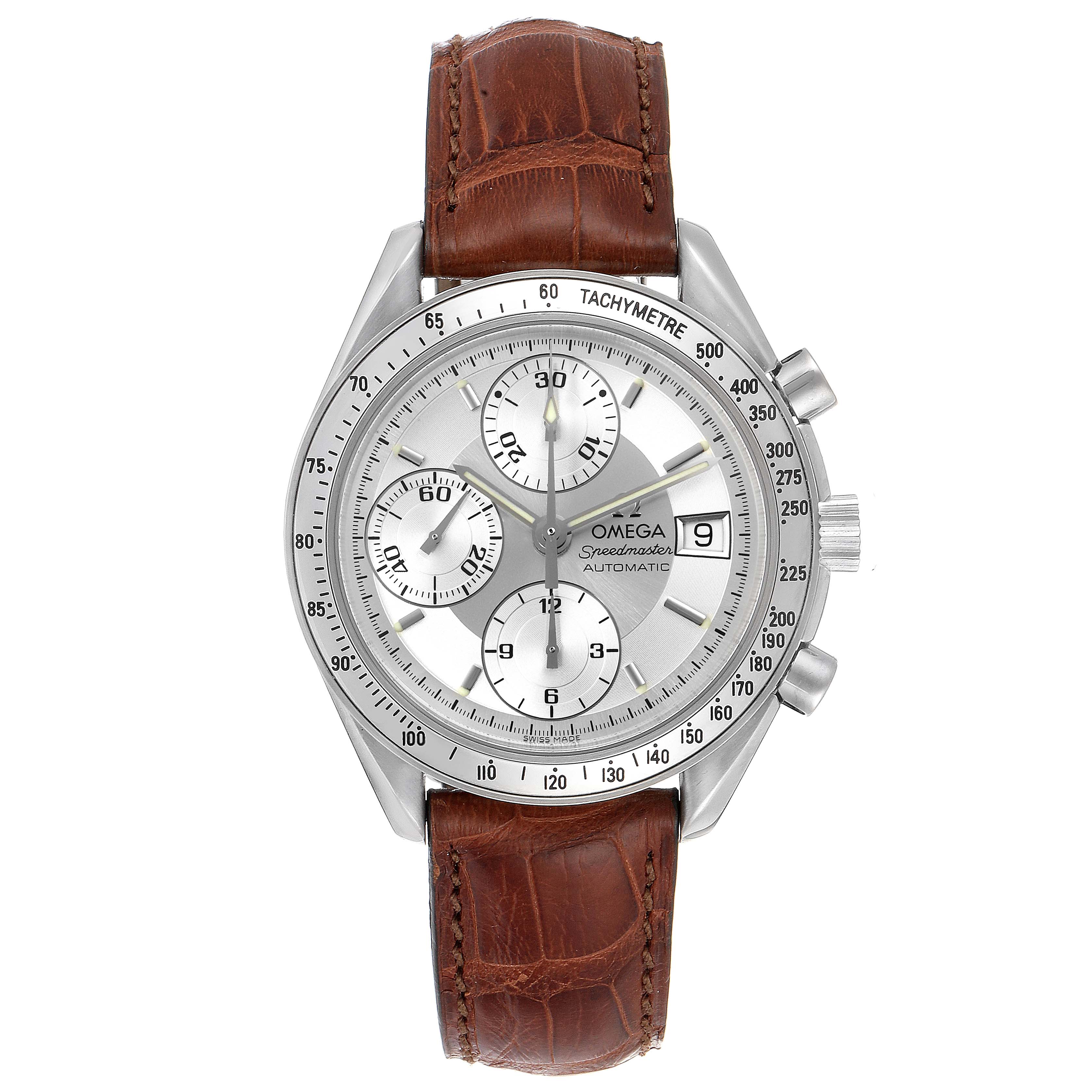 The image shows a front view of an Omega Speedmaster 3813.30.11 Men
s Stainless Steel Silver Dial 3813.30.11 Men
s Stainless Steel Silver Dial watch with a brown leather strap and a silver dial.