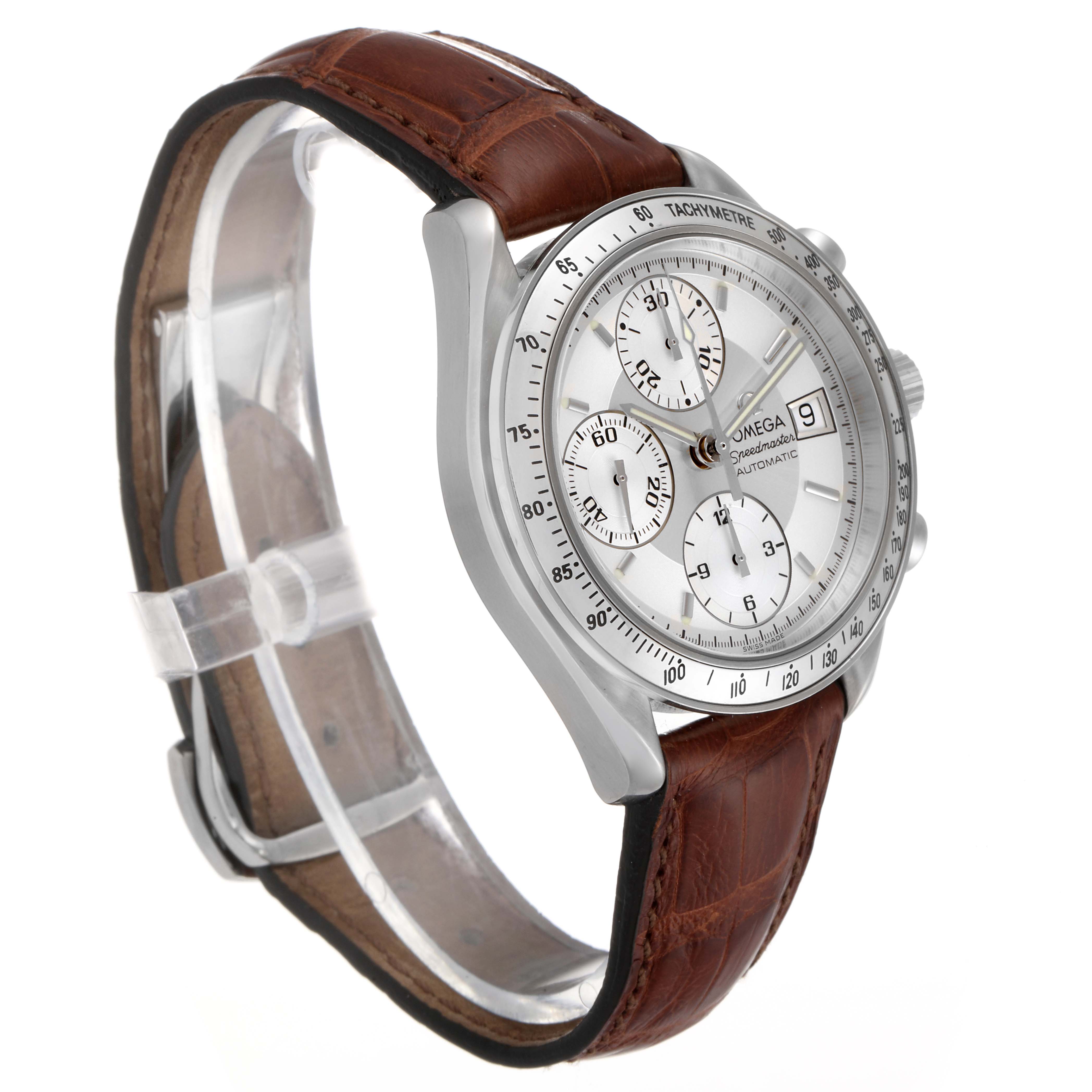 The image shows a side angle of an Omega Speedmaster 3813.30.11 Men
s Stainless Steel Silver Dial 3813.30.11 Men
s Stainless Steel Silver Dial watch, featuring a white dial, tachymeter bezel, and brown leather strap.