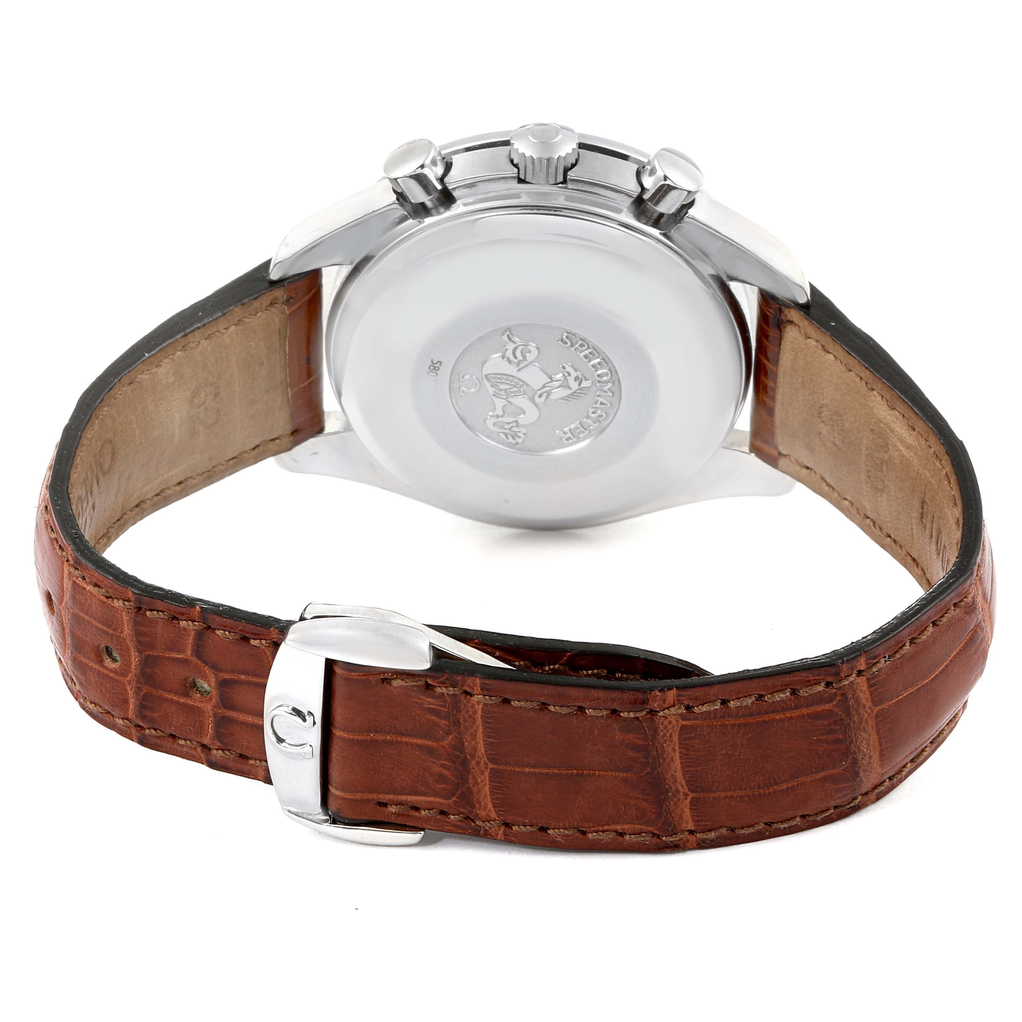 This image shows the back view of an Omega Speedmaster 3813.30.11 Men
s Stainless Steel Silver Dial 3813.30.11 Men
s Stainless Steel Silver Dial watch with a brown leather strap.