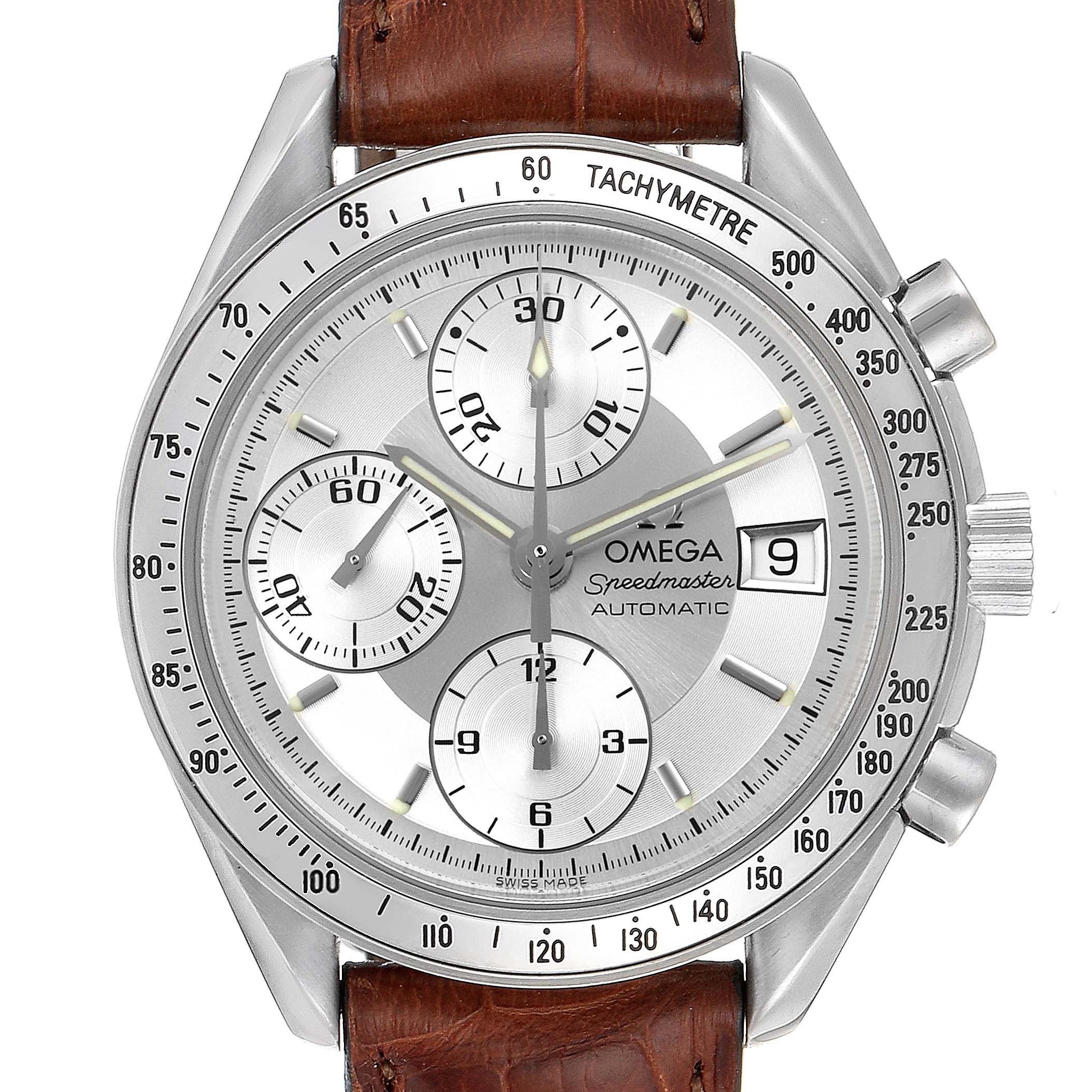 The image shows a front view of an Omega Speedmaster 3813.30.11 Men
s Stainless Steel Silver Dial 3813.30.11 Men
s Stainless Steel Silver Dial watch, displaying the dial, sub-dials, date window, and tachymeter.