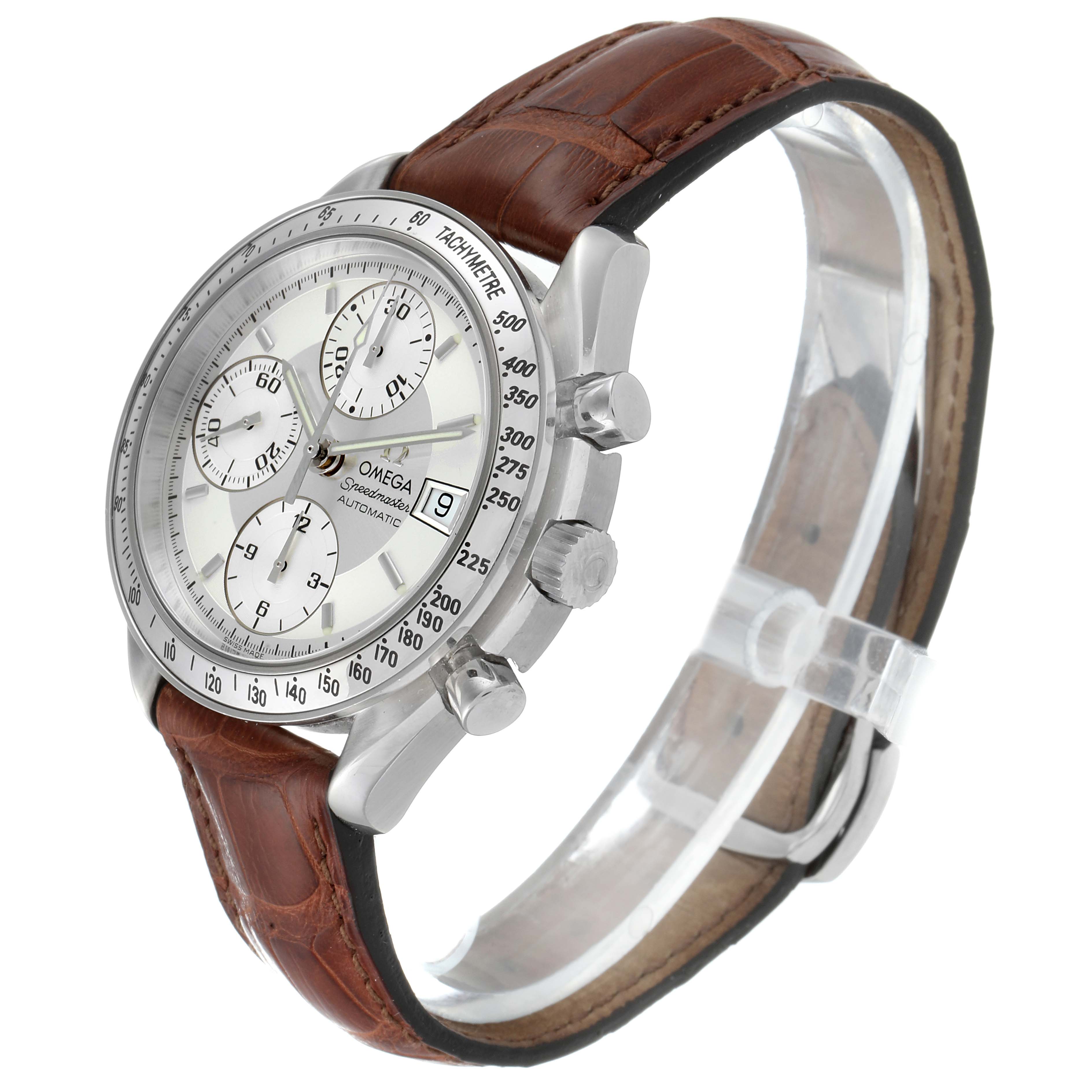 The Omega Speedmaster 3813.30.11 Men
s Stainless Steel Silver Dial 3813.30.11 Men
s Stainless Steel Silver Dial watch is shown at a three-quarter angle, highlighting the face, bezel, side buttons, and leather strap.
