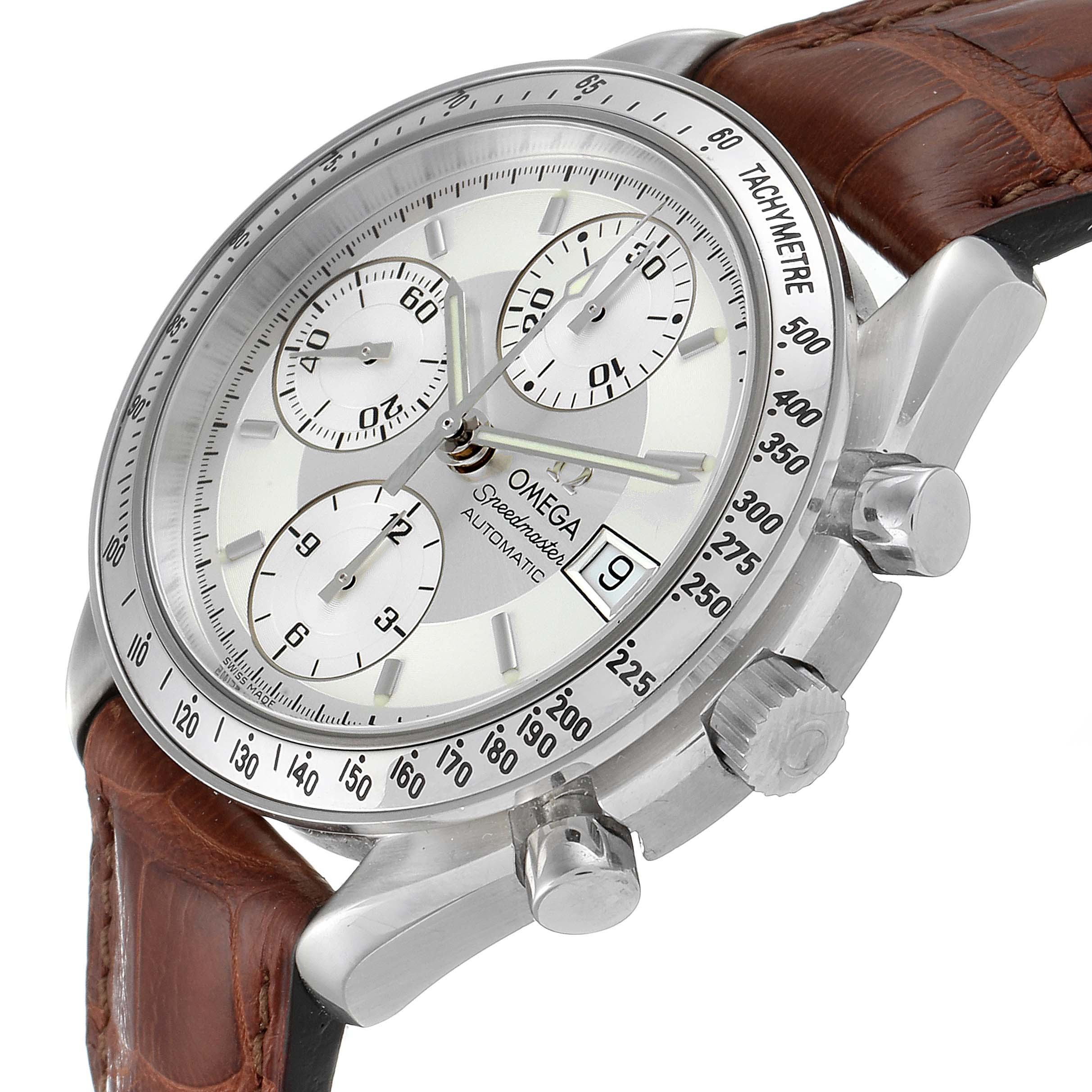 The Omega Speedmaster 3813.30.11 Men
s Stainless Steel Silver Dial 3813.30.11 Men
s Stainless Steel Silver Dial watch is shown at a slight angle, highlighting its dials, tachymeter, crown, pushers, and brown leather strap.