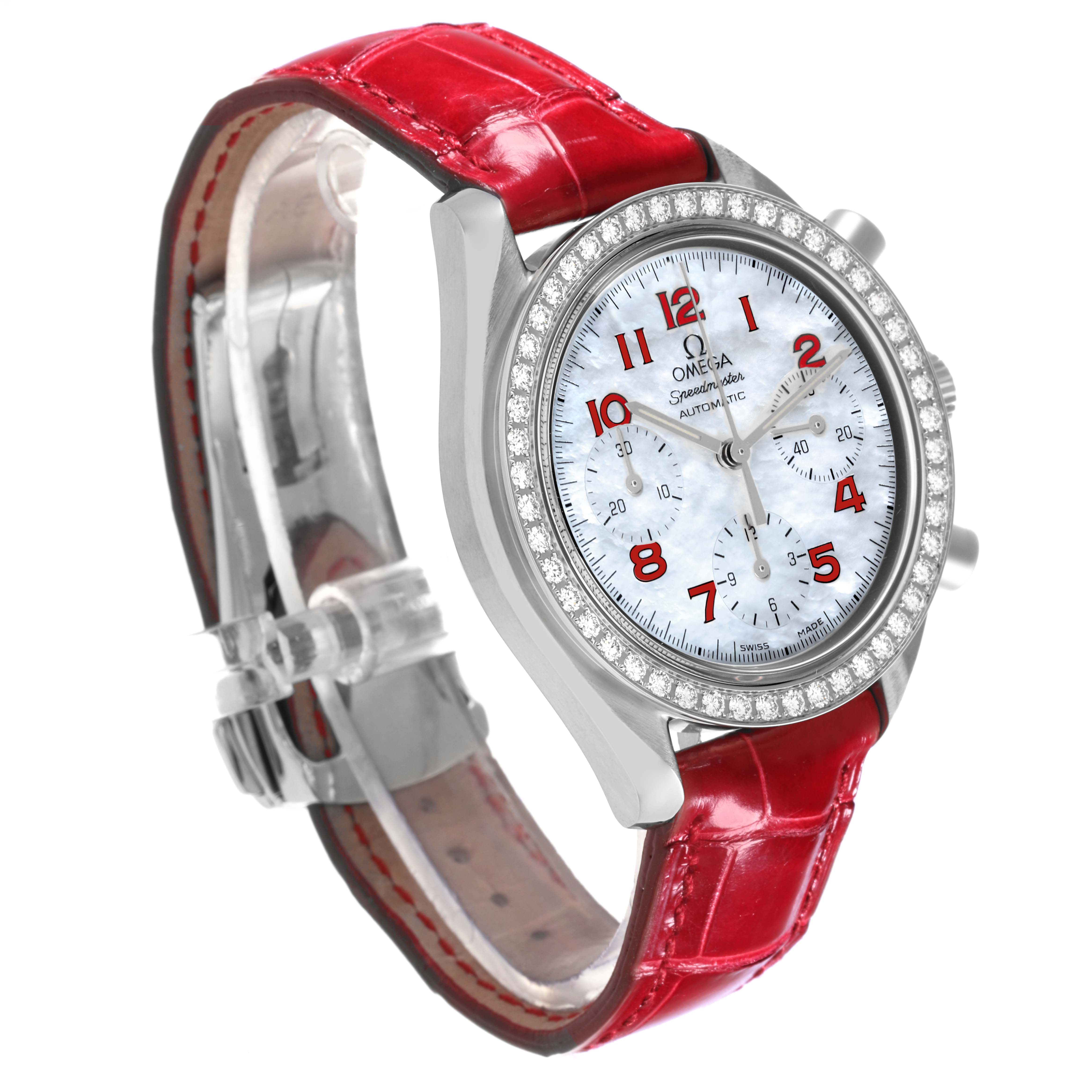 The Omega 3815.79.40 Women's Stainless Steel Mother of Pearl Dial 3815.79.40 Women's Stainless Steel Mother of Pearl Dial Speedmaster MOP Diamond Red Strap Ladies Watch 3815.79.40 is shown at a slight angle, highlighting the red strap, diamond bezel, and mother of pearl dial.