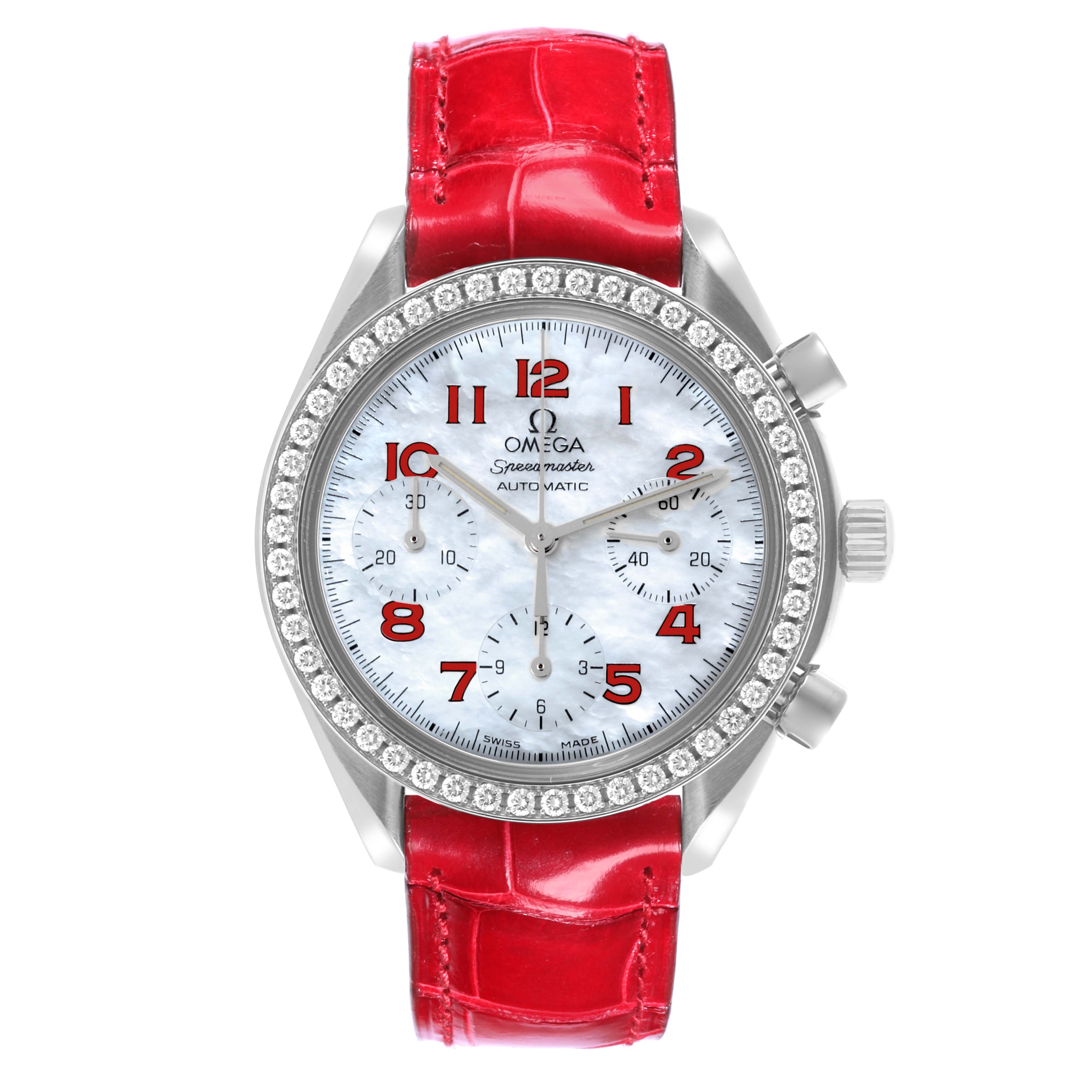The Omega 3815.79.40 Women's Stainless Steel Mother of Pearl Dial 3815.79.40 Women's Stainless Steel Mother of Pearl Dial Speedmaster MOP Diamond Red Strap Ladies Watch 3815.79.40 is shown from the front, highlighting its bezel, face, and red strap.