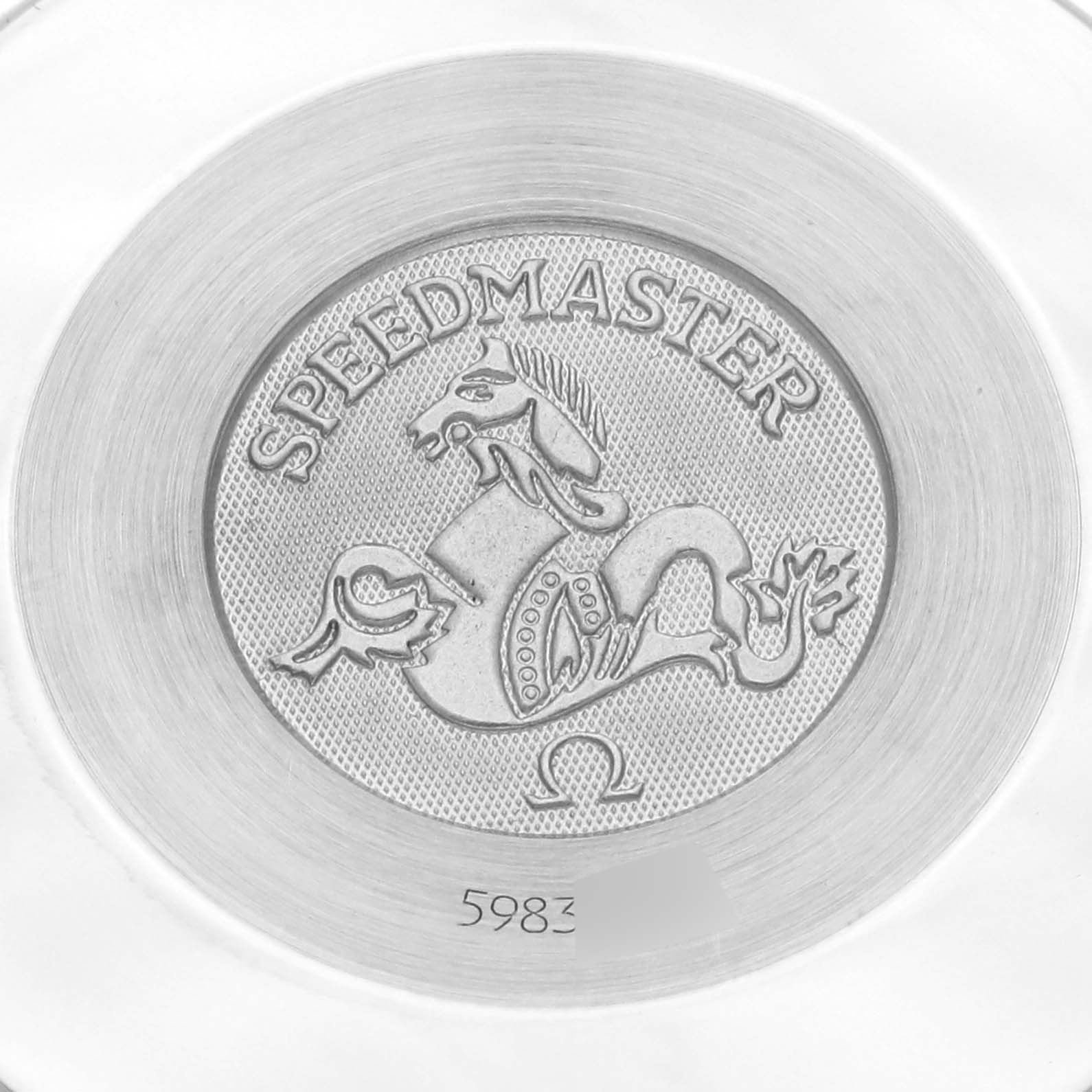 The image shows the back casing with a logo and engraving for the Omega 3815.79.40 Women's Stainless Steel Mother of Pearl Dial 3815.79.40 Women's Stainless Steel Mother of Pearl Dial Speedmaster model.