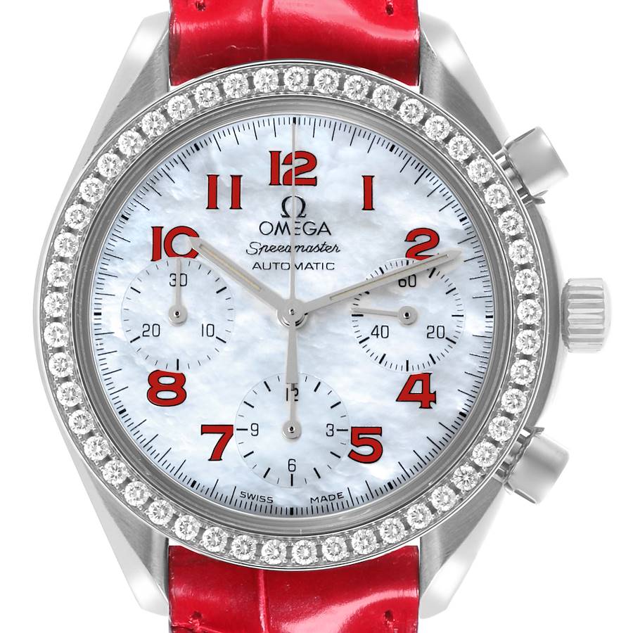 The Omega Speedmaster MOP Diamond Red Strap Ladies Watch 3815.79.40 is shown from the front, highlighting the diamond bezel and red numerals.