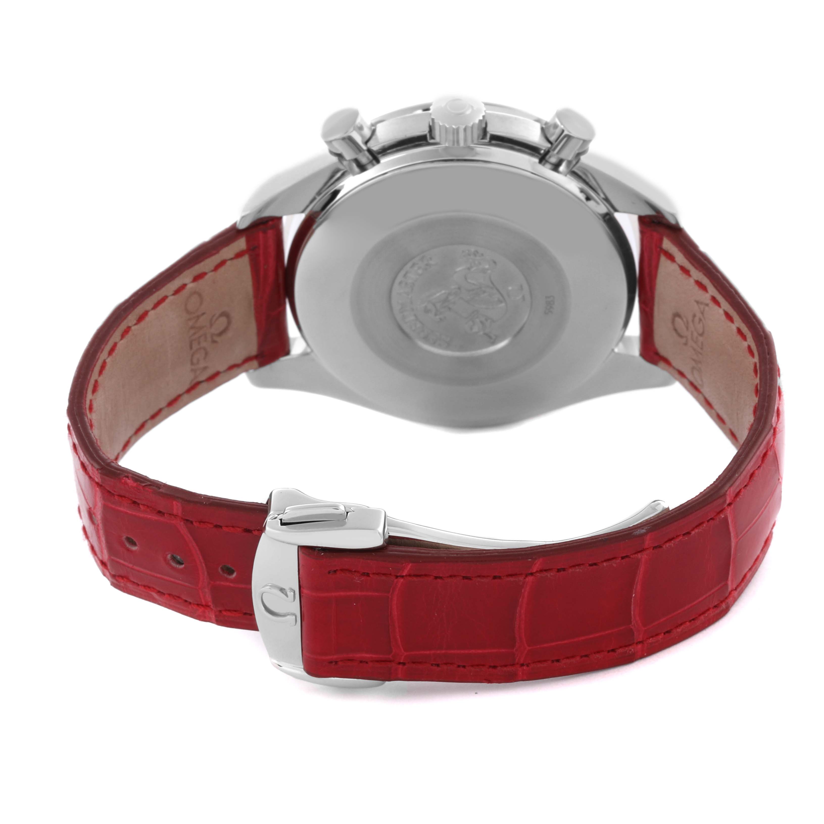 The image shows the back of the Omega 3815.79.40 Women's Stainless Steel Mother of Pearl Dial 3815.79.40 Women's Stainless Steel Mother of Pearl Dial Speedmaster MOP Diamond Red Strap Ladies Watch 3815.79.40 with the clasp and case back visible.