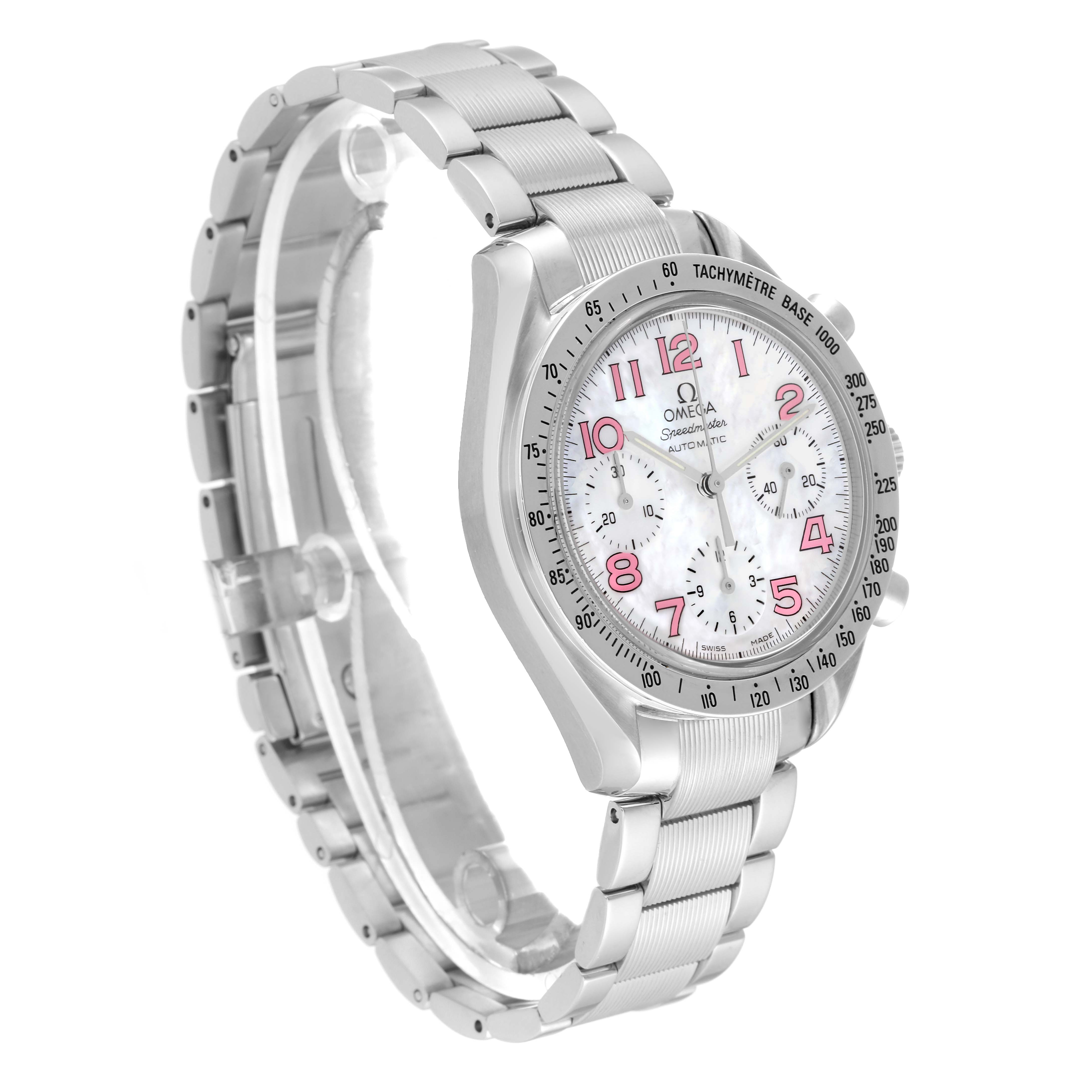 The image shows a side and front view of the Omega Speedmaster 3834.74.34 Men's Stainless Steel Mother of Pearl Dial 3834.74.34 Men's Stainless Steel Mother of Pearl Dial watch, focusing on its dial, bezel, and bracelet.