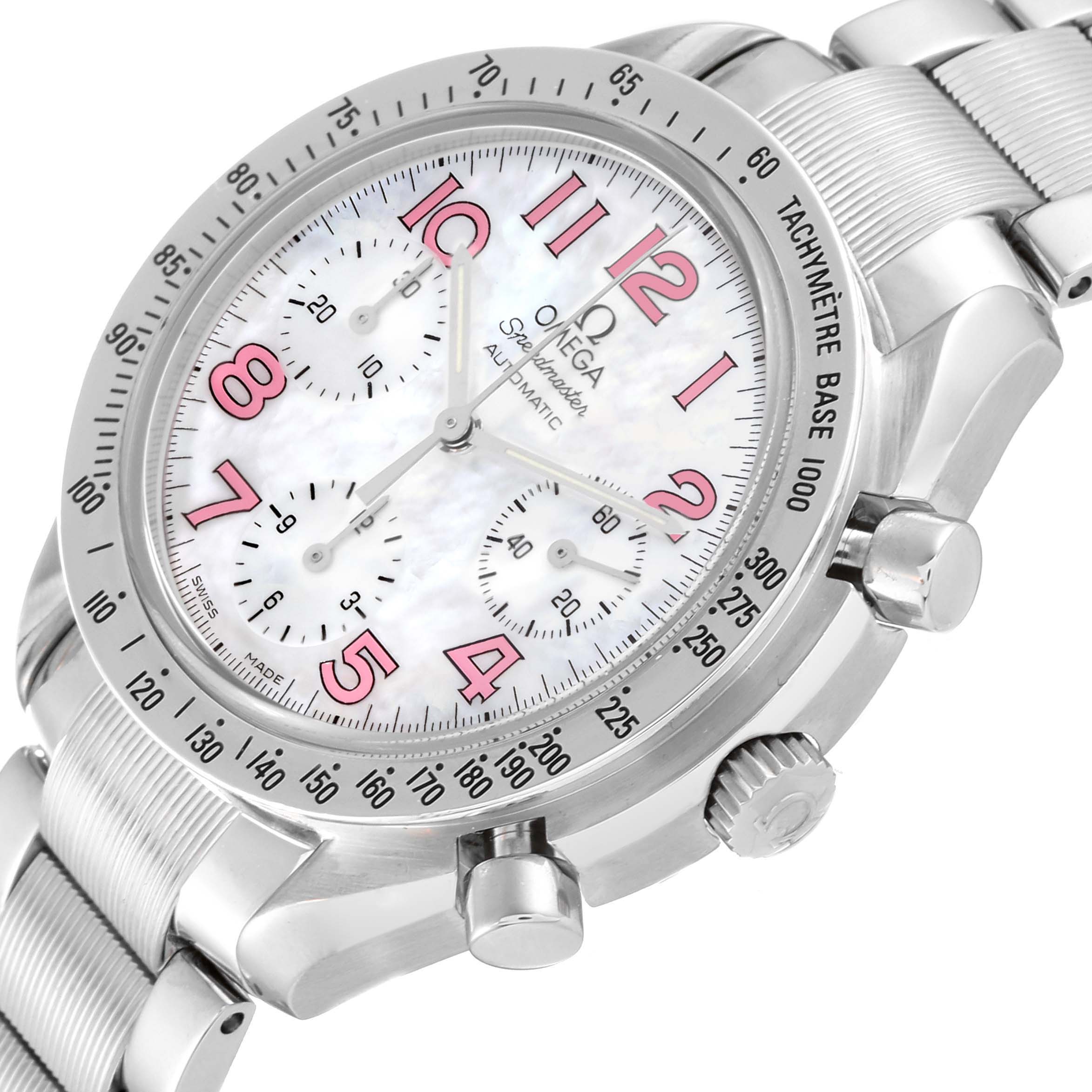 The Omega Speedmaster 3834.74.34 Men's Stainless Steel Mother of Pearl Dial 3834.74.34 Men's Stainless Steel Mother of Pearl Dial watch is shown at a slight angle, highlighting the face, bezel, crown, pushers, and part of the bracelet.