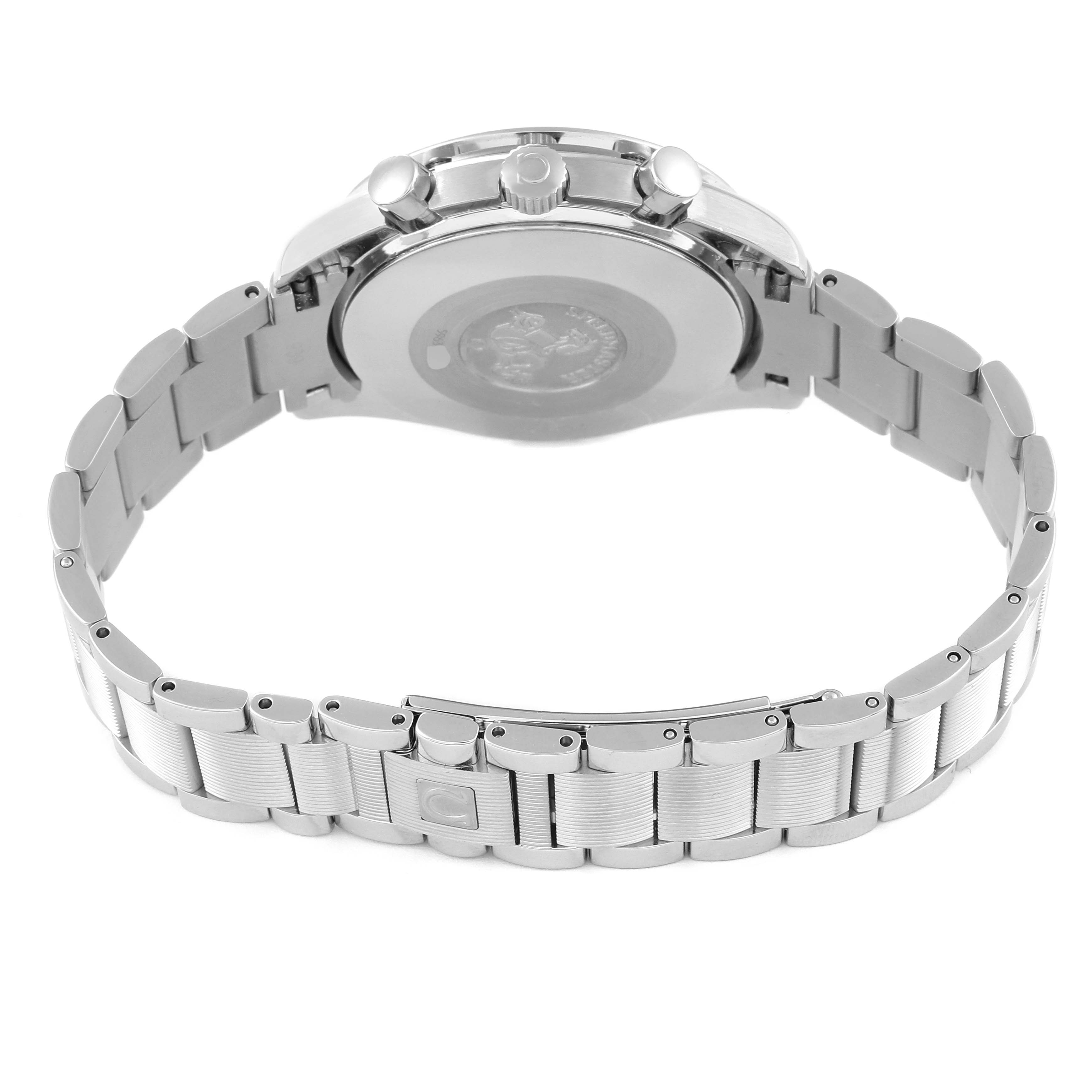 This image shows the back case and bracelet of the Omega Speedmaster 3834.74.34 Men's Stainless Steel Mother of Pearl Dial 3834.74.34 Men's Stainless Steel Mother of Pearl Dial watch from a rear angle.