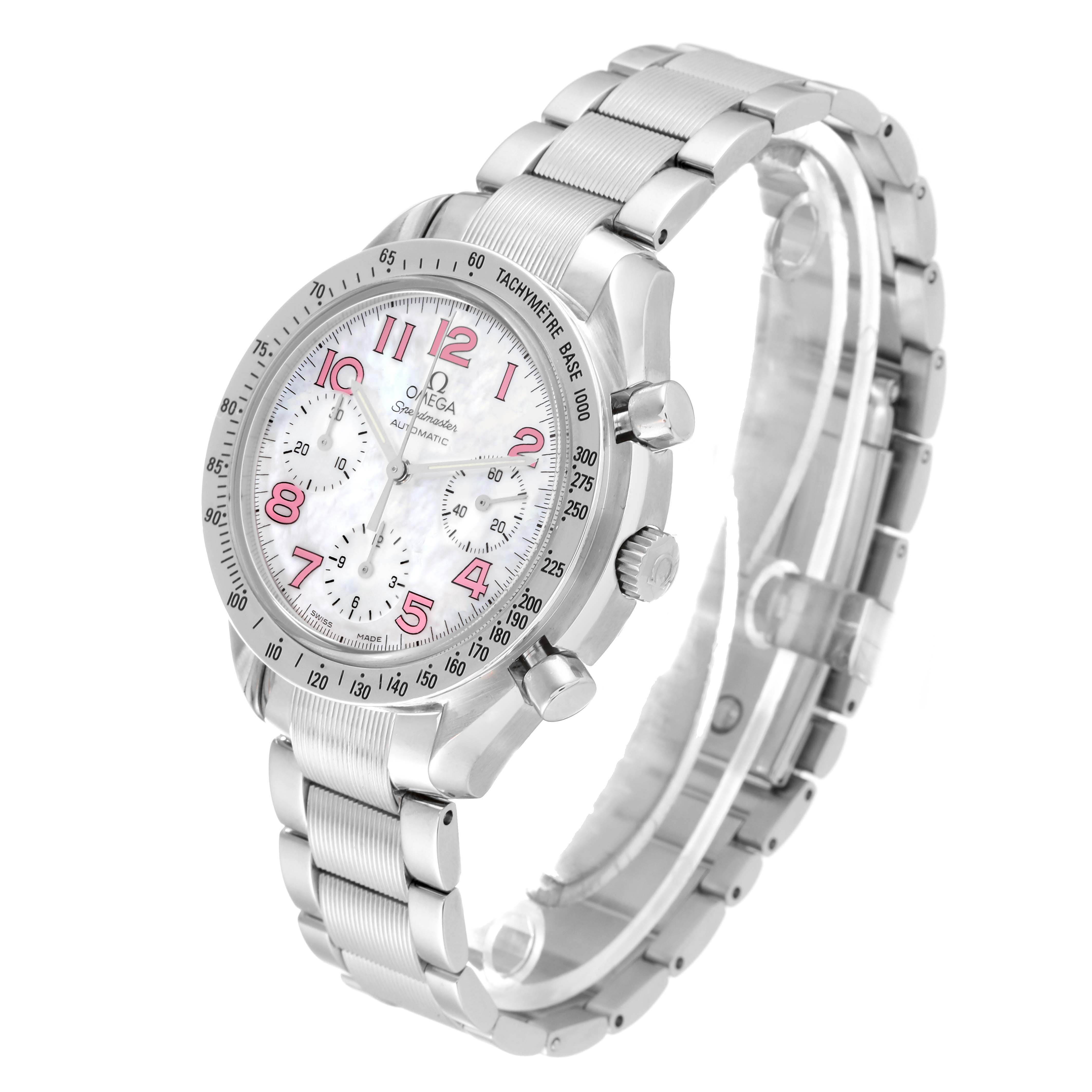 The Omega Speedmaster 3834.74.34 Men's Stainless Steel Mother of Pearl Dial 3834.74.34 Men's Stainless Steel Mother of Pearl Dial watch is shown at a 3/4 angle, highlighting the face, bezel, bracelet, crown, and pushers.