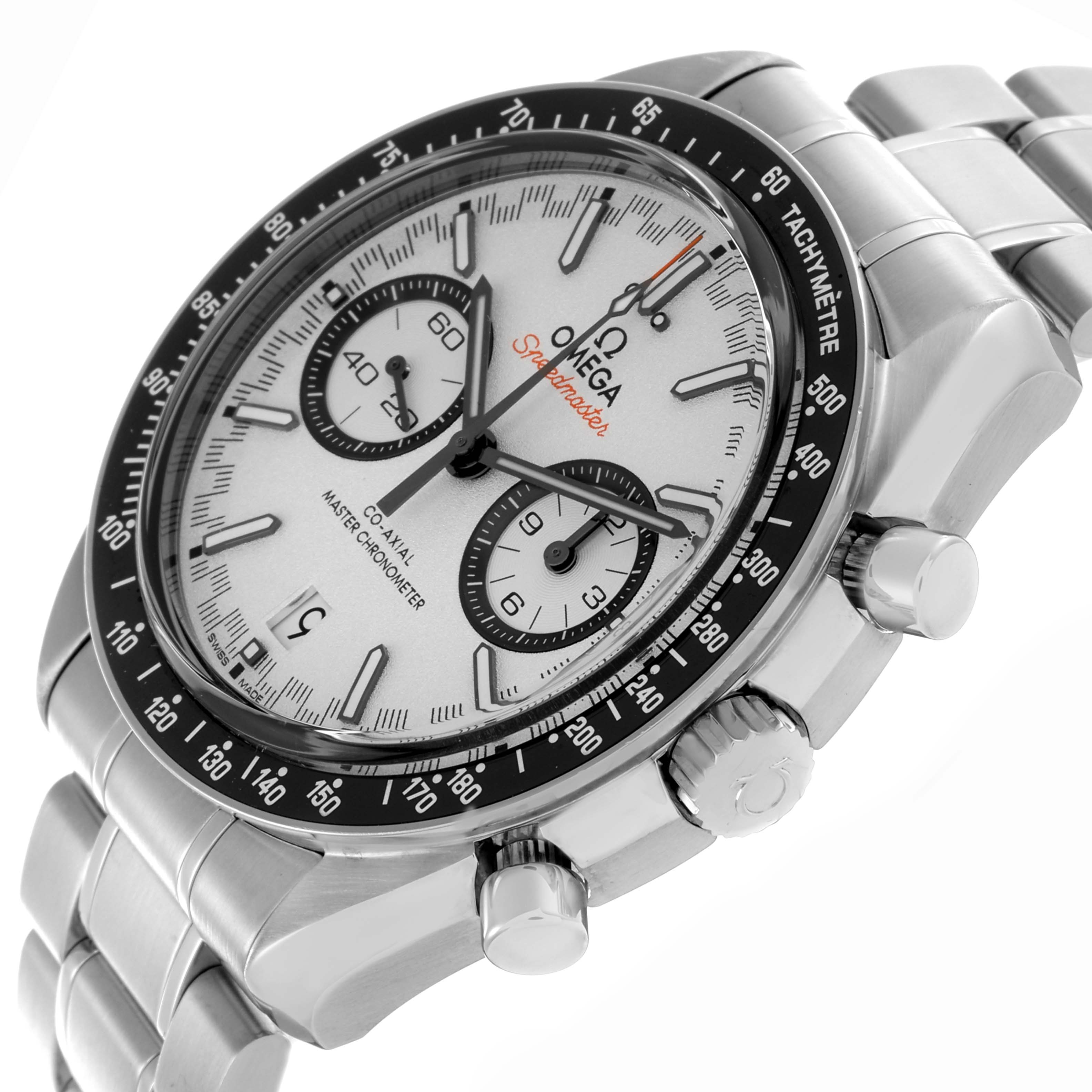The Omega Speedmaster 329.30.44.51.04.001 Men
s Stainless Steel Silver Dial 329.30.44.51.04.001 Men
s Stainless Steel Silver Dial watch is shown at an angled view, highlighting the face, case, pushers, and bracelet.