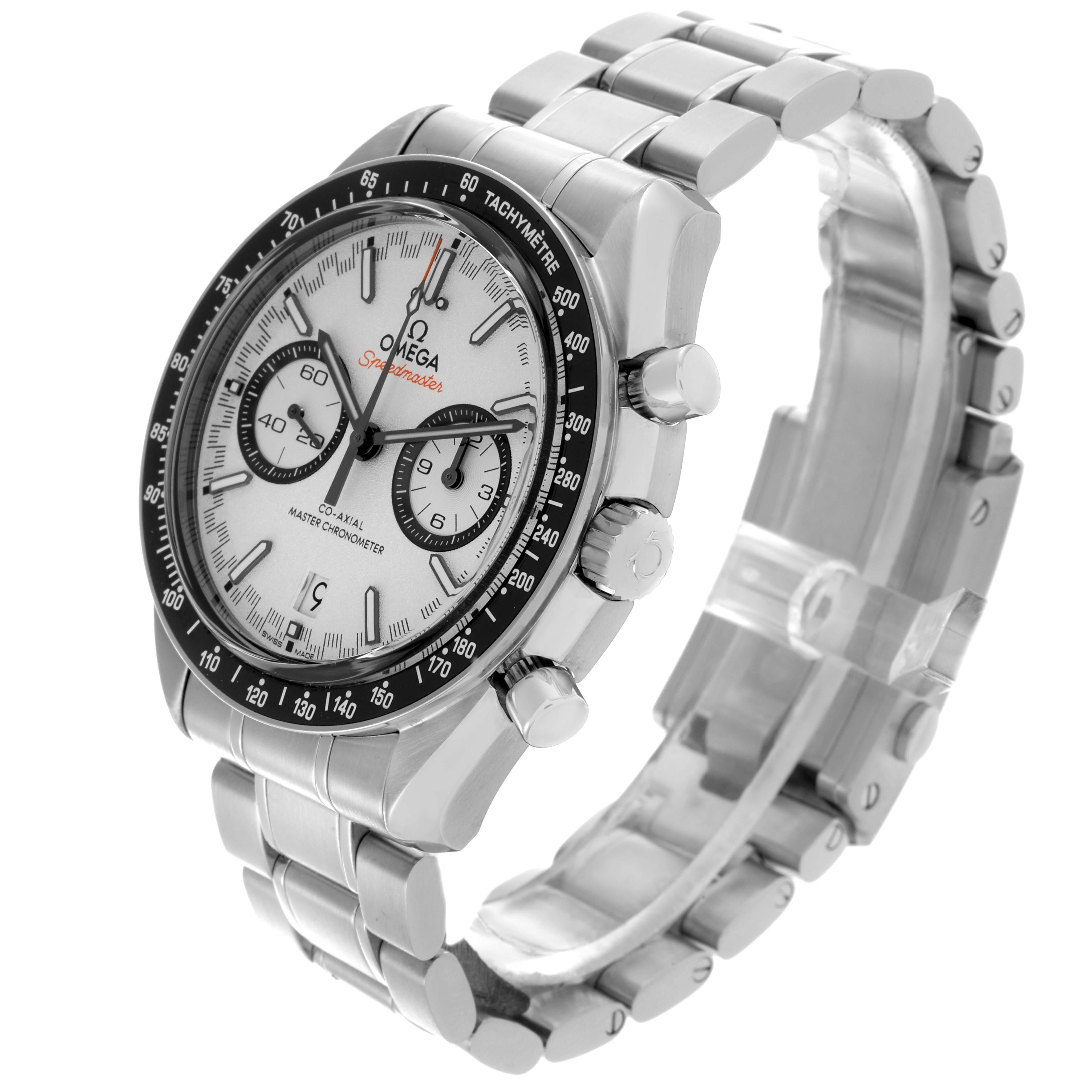 The Omega Speedmaster 329.30.44.51.04.001 Men
s Stainless Steel Silver Dial 329.30.44.51.04.001 Men
s Stainless Steel Silver Dial watch is shown from a three-quarter angle, highlighting the bezel, dial, pushers, and bracelet.