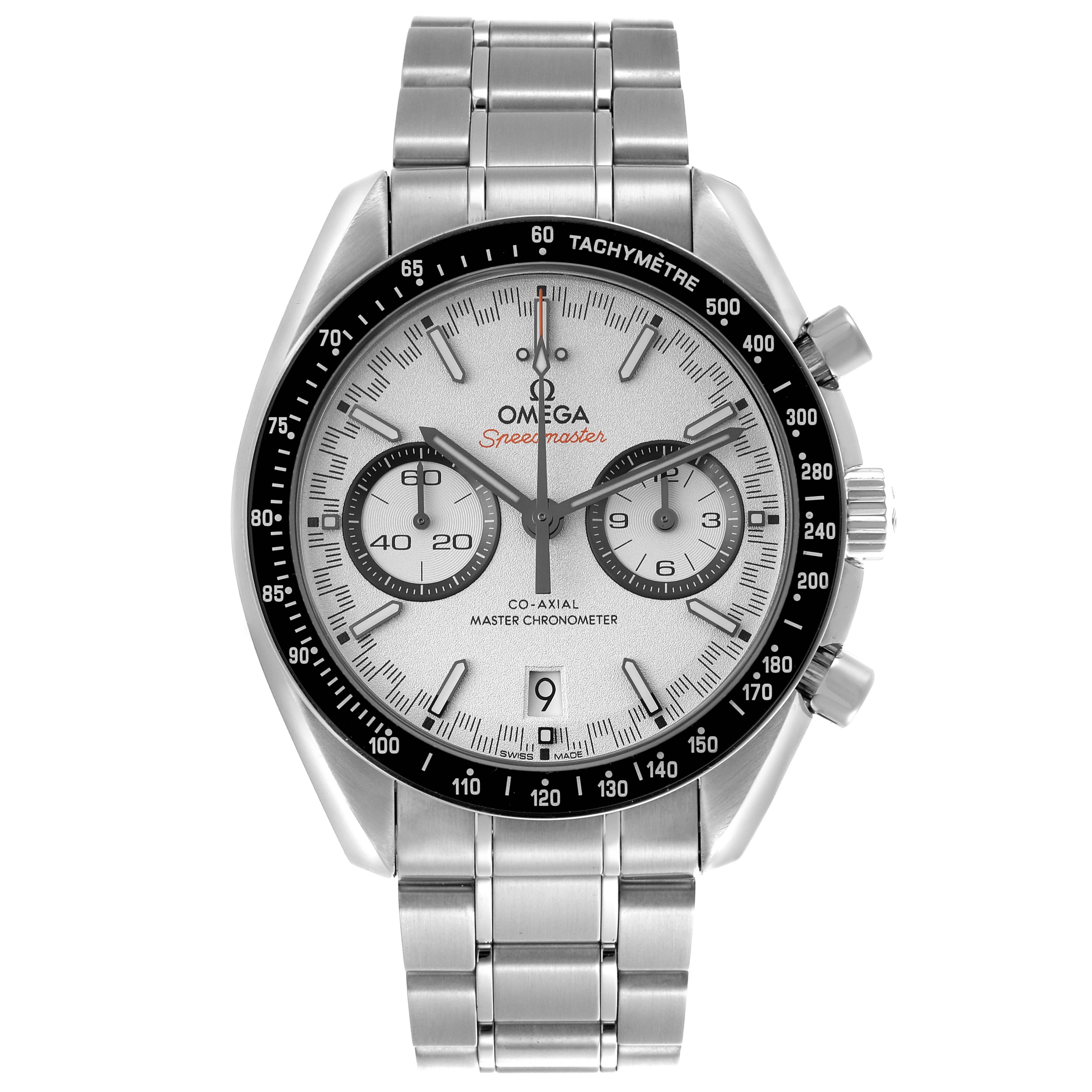 The Omega Speedmaster 329.30.44.51.04.001 Men
s Stainless Steel Silver Dial 329.30.44.51.04.001 Men
s Stainless Steel Silver Dial watch is shown from a front angle, displaying the dial, hands, subdials, bezel, and bracelet.