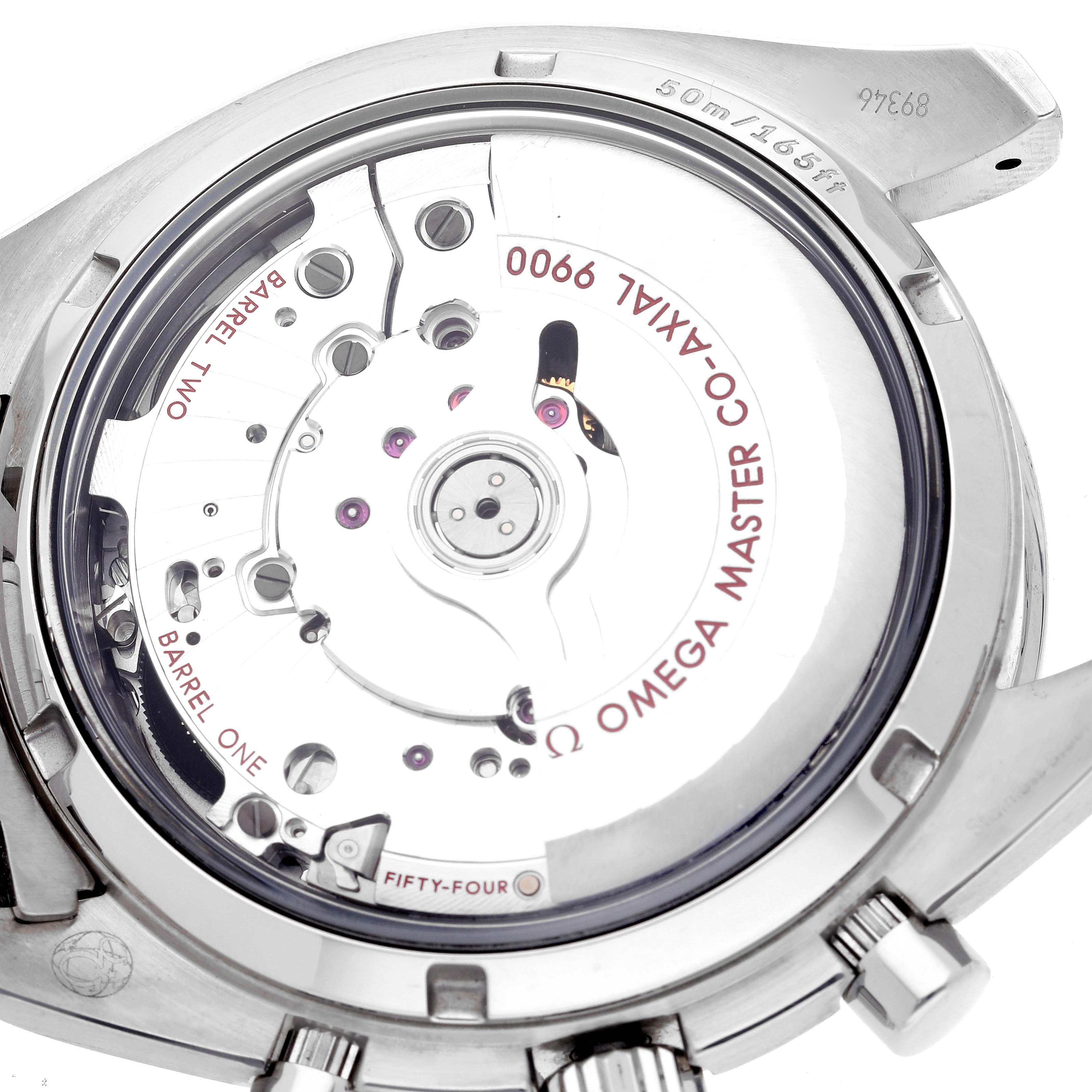 The image shows the case back and movement of an Omega Speedmaster 329.30.44.51.04.001 Men
s Stainless Steel Silver Dial 329.30.44.51.04.001 Men
s Stainless Steel Silver Dial, highlighting the "Co-Axial 9900" mechanism.