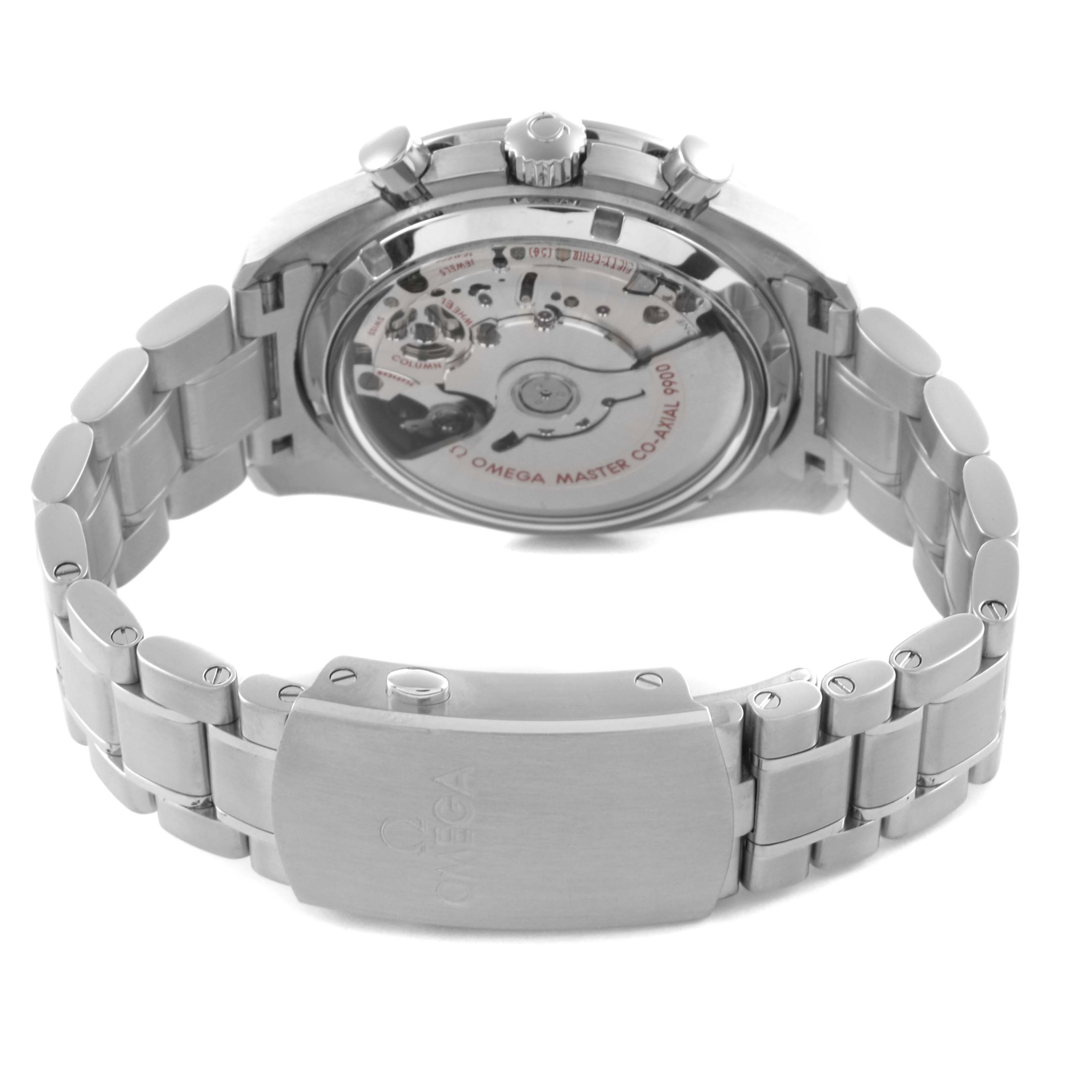 The Omega Speedmaster 329.30.44.51.04.001 Men
s Stainless Steel Silver Dial 329.30.44.51.04.001 Men
s Stainless Steel Silver Dial is shown from the back, highlighting the open case back and metal bracelet.