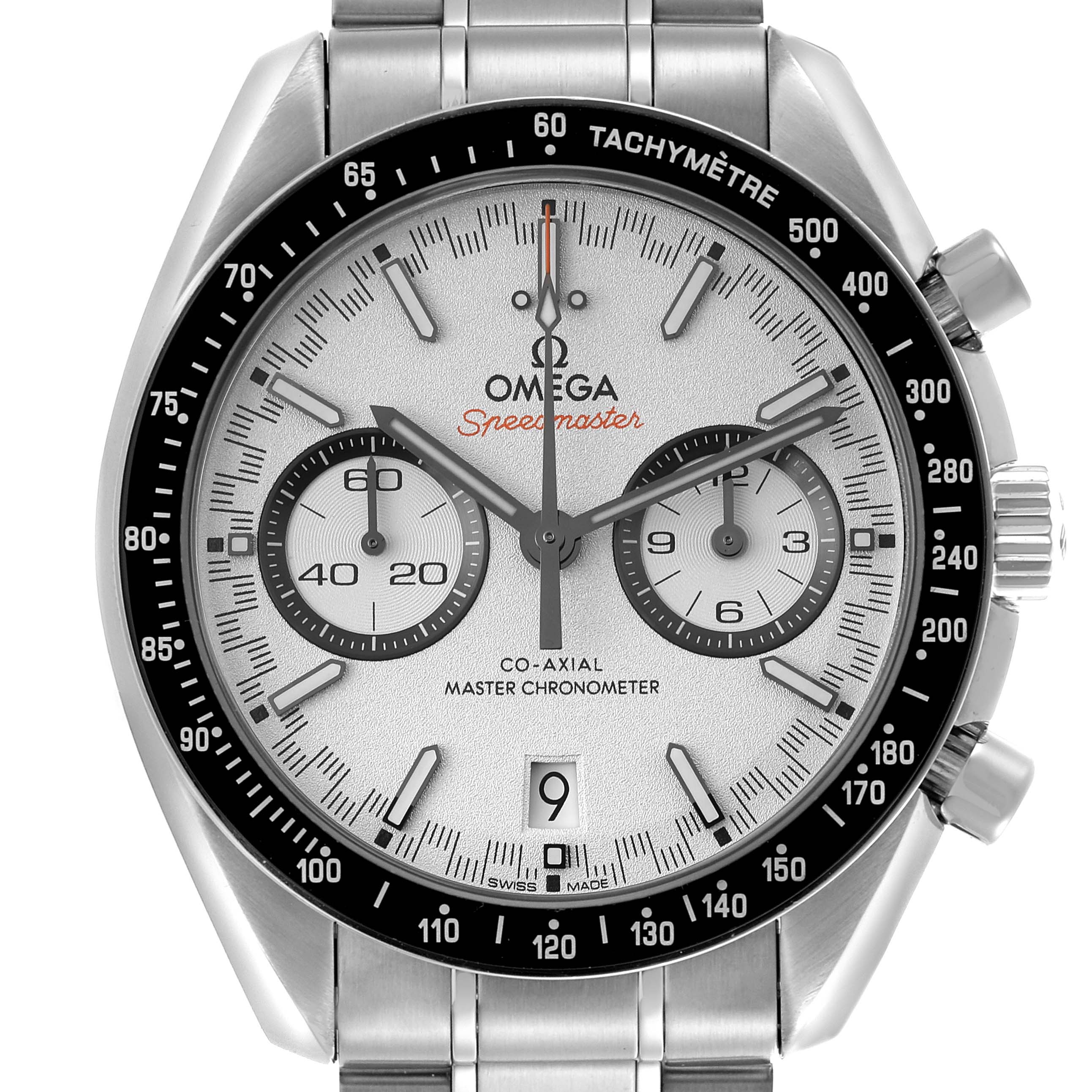 The Omega Speedmaster 329.30.44.51.04.001 Men
s Stainless Steel Silver Dial 329.30.44.51.04.001 Men
s Stainless Steel Silver Dial watch is shown in a front view, displaying the dial, bezel, and stainless steel bracelet.