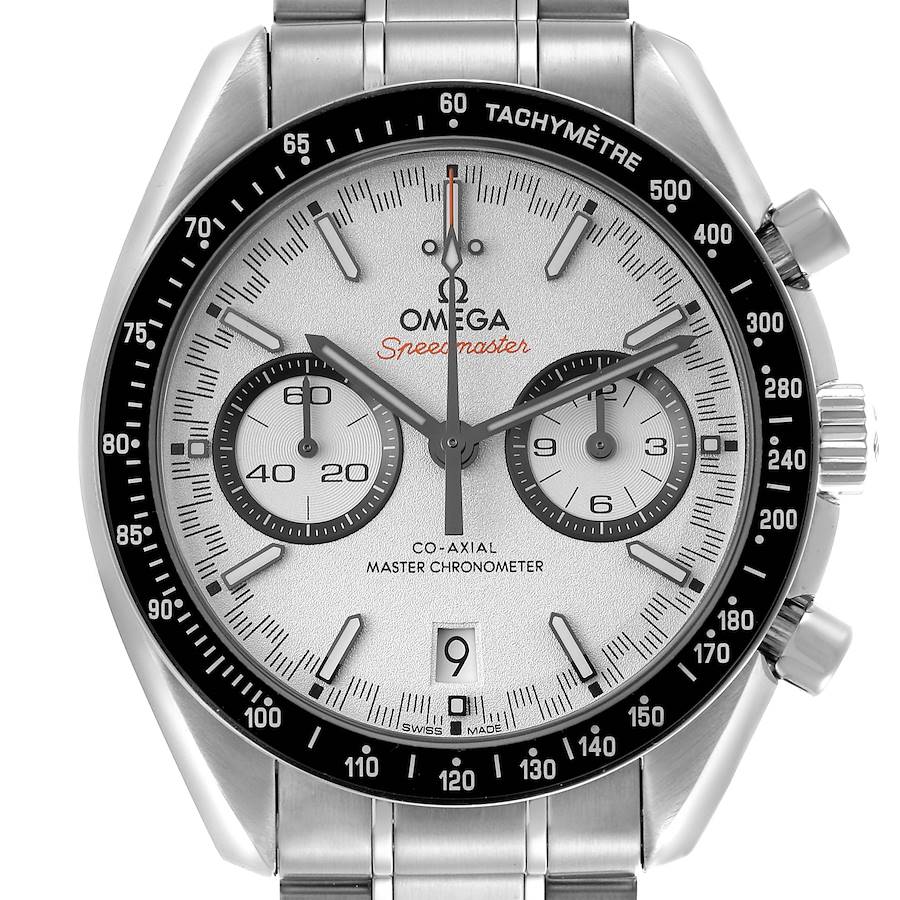 The Omega Speedmaster watch is shown in a front view, displaying the dial, bezel, and stainless steel bracelet.