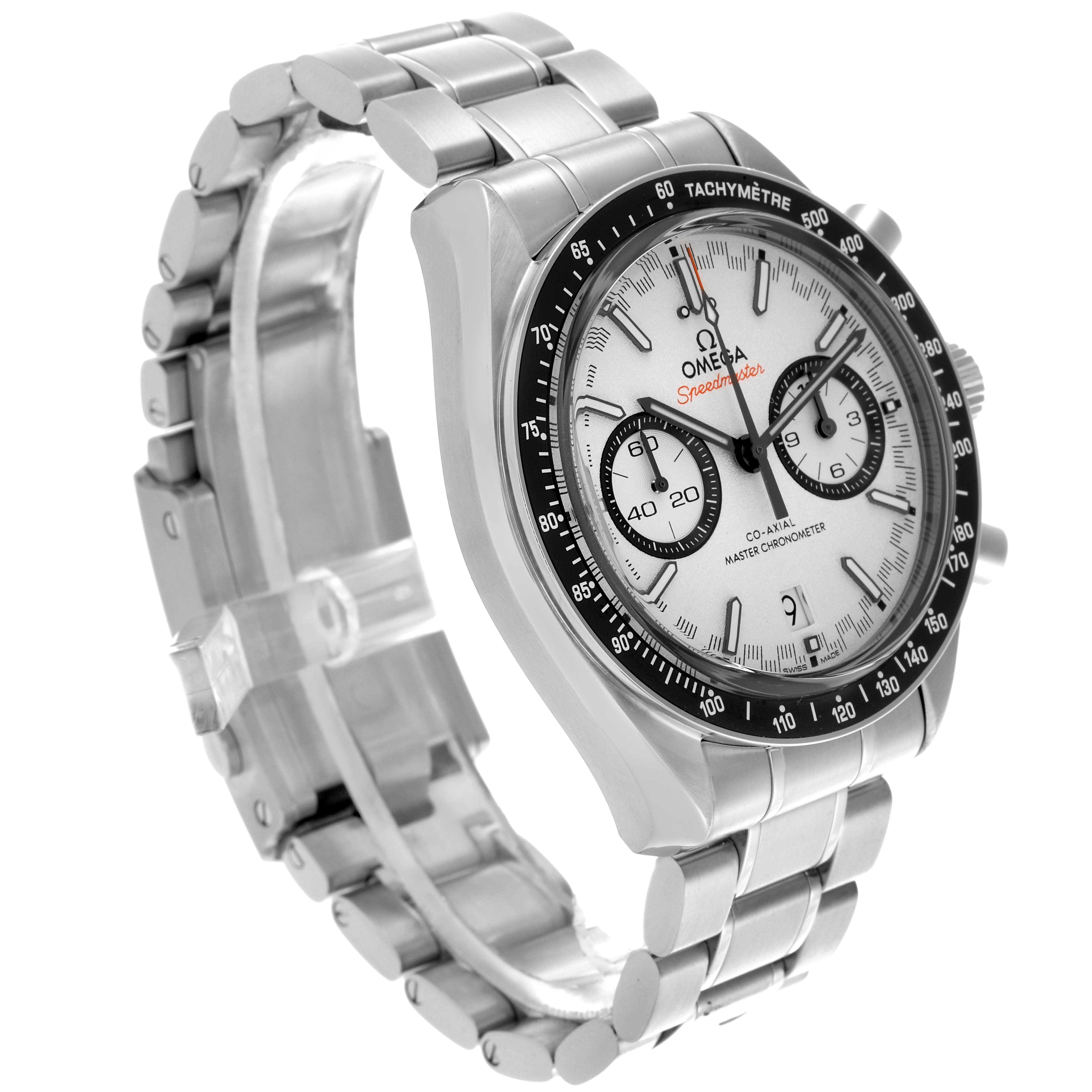 The Omega Speedmaster 329.30.44.51.04.001 Men
s Stainless Steel Silver Dial 329.30.44.51.04.001 Men
s Stainless Steel Silver Dial watch is shown at an angled side view, highlighting the face, bezel, and bracelet.