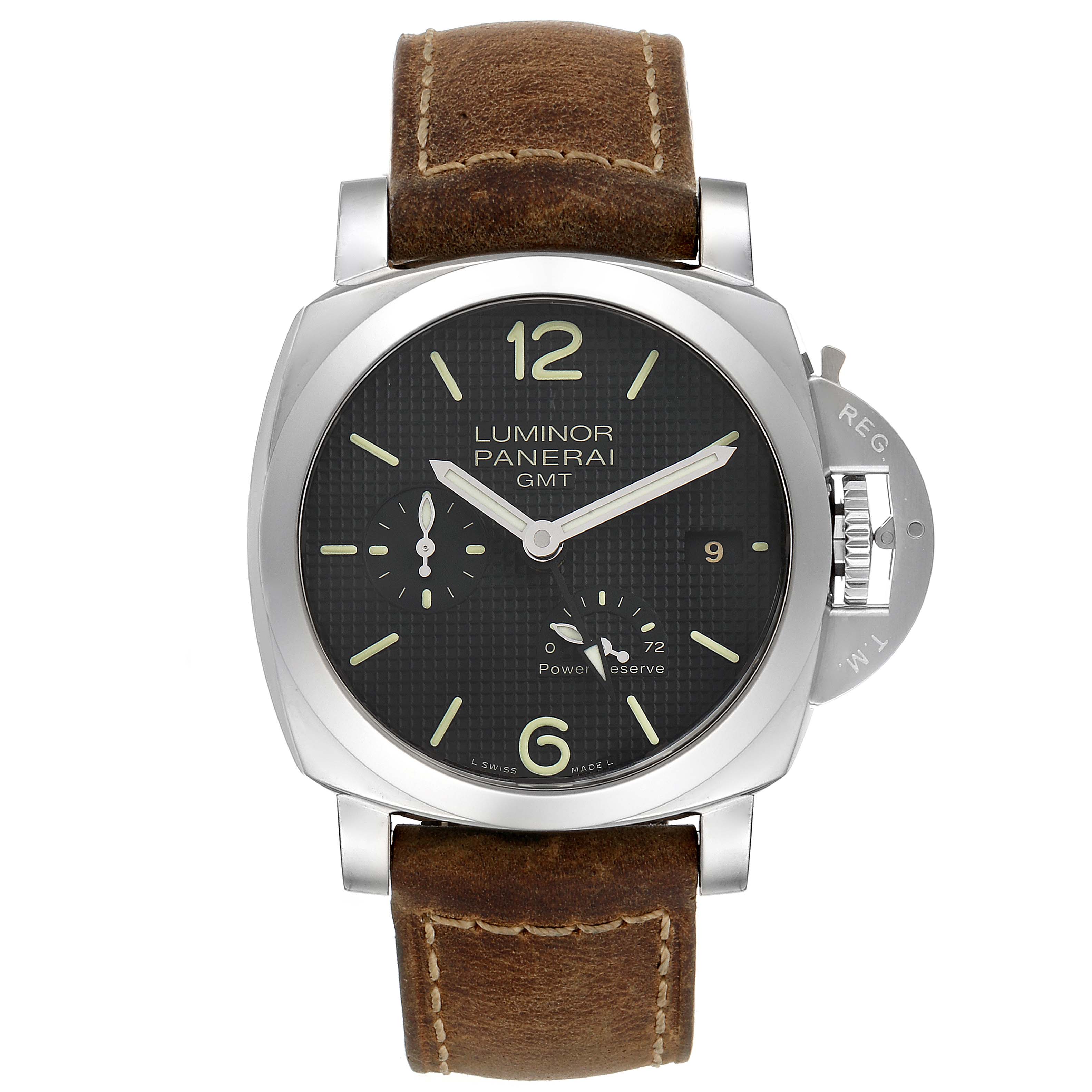 The image shows a front view of a Panerai Luminor PAM00537 Men's Stainless Steel Black Dial PAM00537 Men's Stainless Steel Black Dial GMT watch, displaying its dial, bezel, strap, and crown guard.