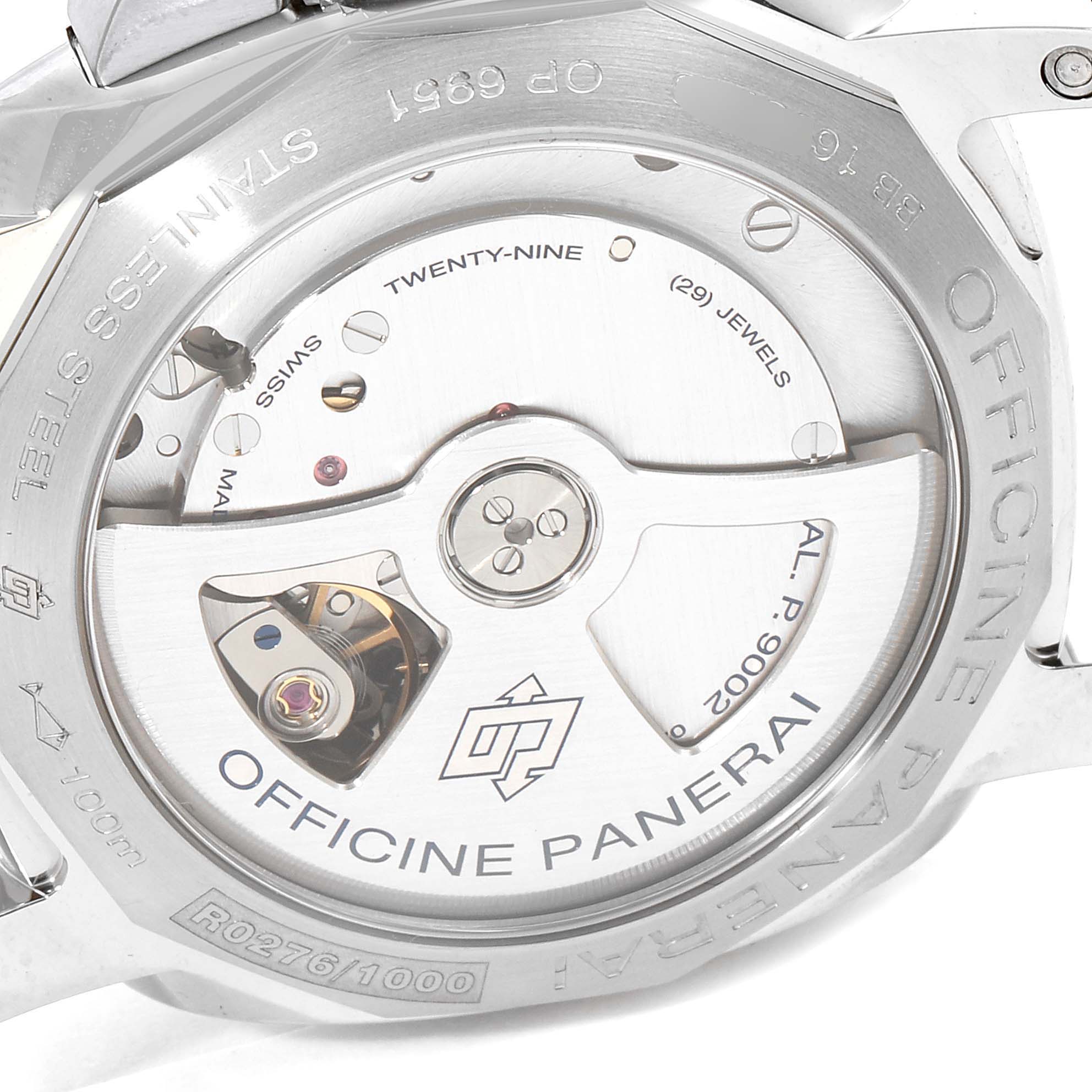 This image shows the back case and movement of a Panerai Luminor PAM00537 Men's Stainless Steel Black Dial PAM00537 Men's Stainless Steel Black Dial watch, displaying its internal components and engravings.