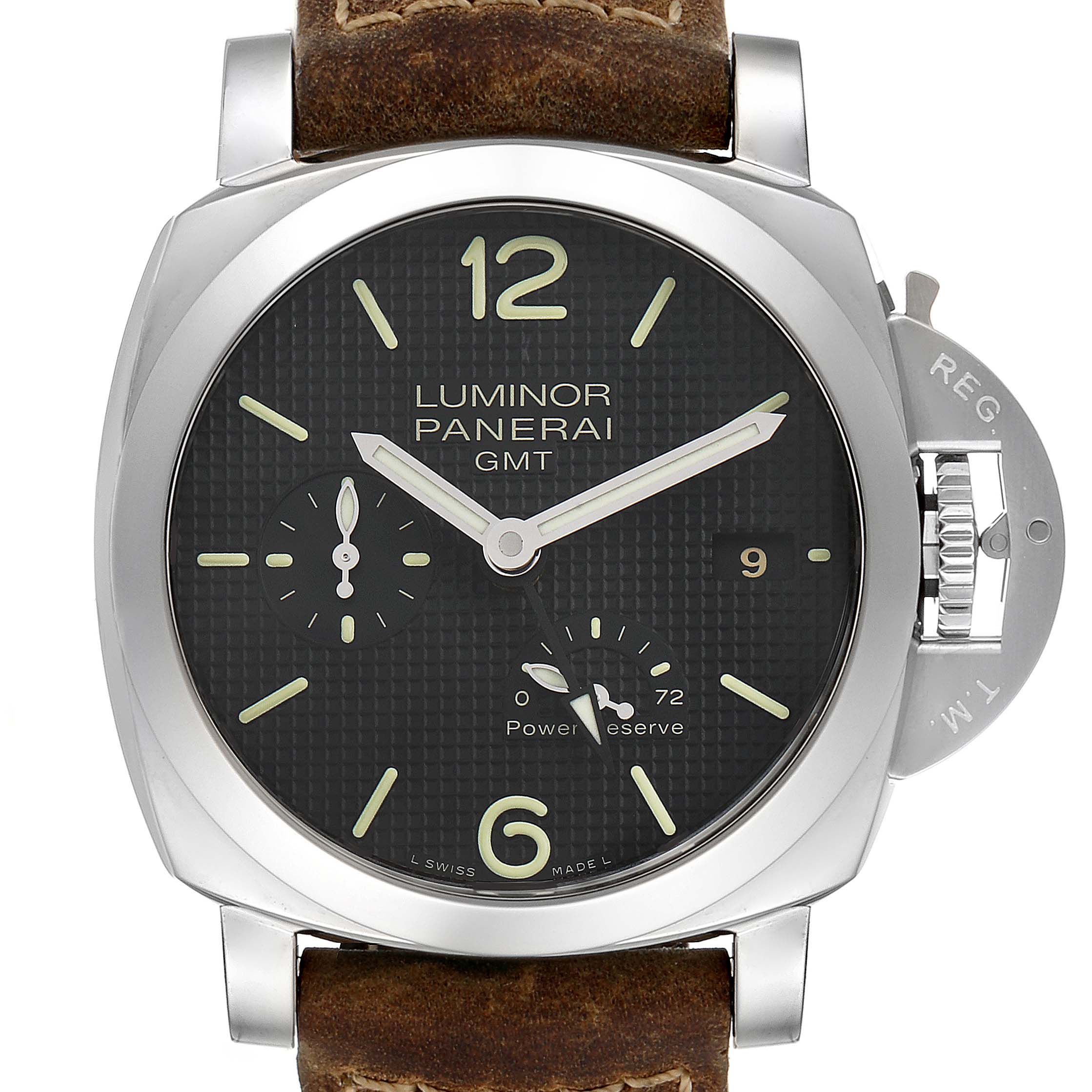 The image shows a front view of a Panerai Luminor PAM00537 Men's Stainless Steel Black Dial PAM00537 Men's Stainless Steel Black Dial GMT watch with a leather strap.