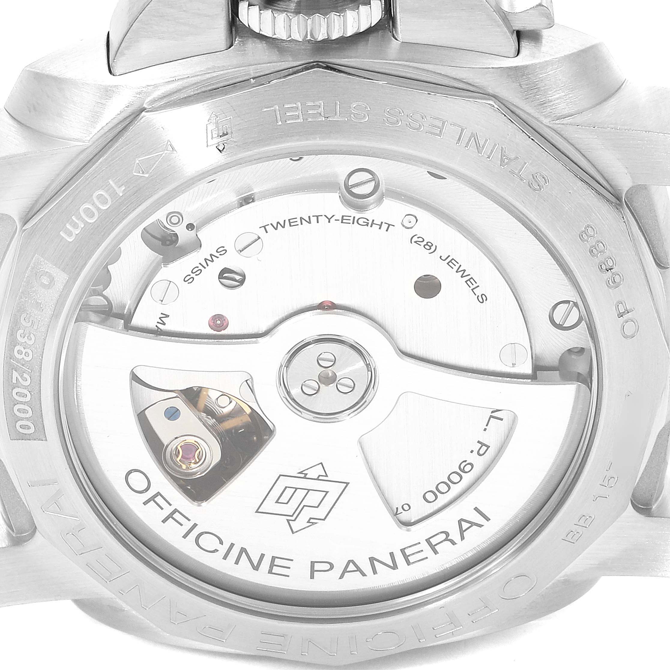 This is a close-up image showing the back view and internal mechanism of a Panerai Luminor PAM00392 Men
s Stainless Steel Black Dial PAM00392 Men
s Stainless Steel Black Dial watch.