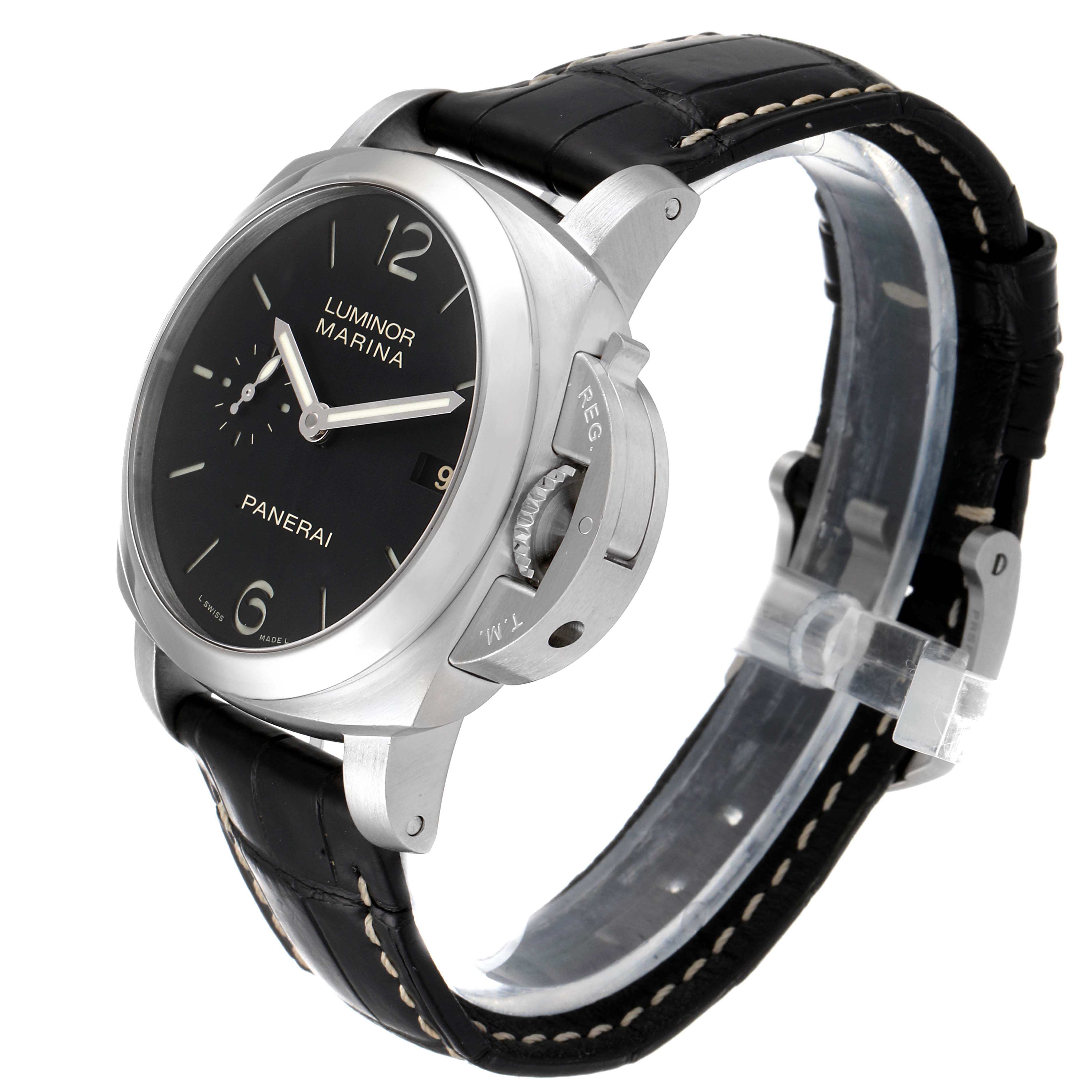 The image shows a Panerai Luminor PAM00392 Men
s Stainless Steel Black Dial PAM00392 Men
s Stainless Steel Black Dial Marina watch angled to display the face, case, and part of the strap.
