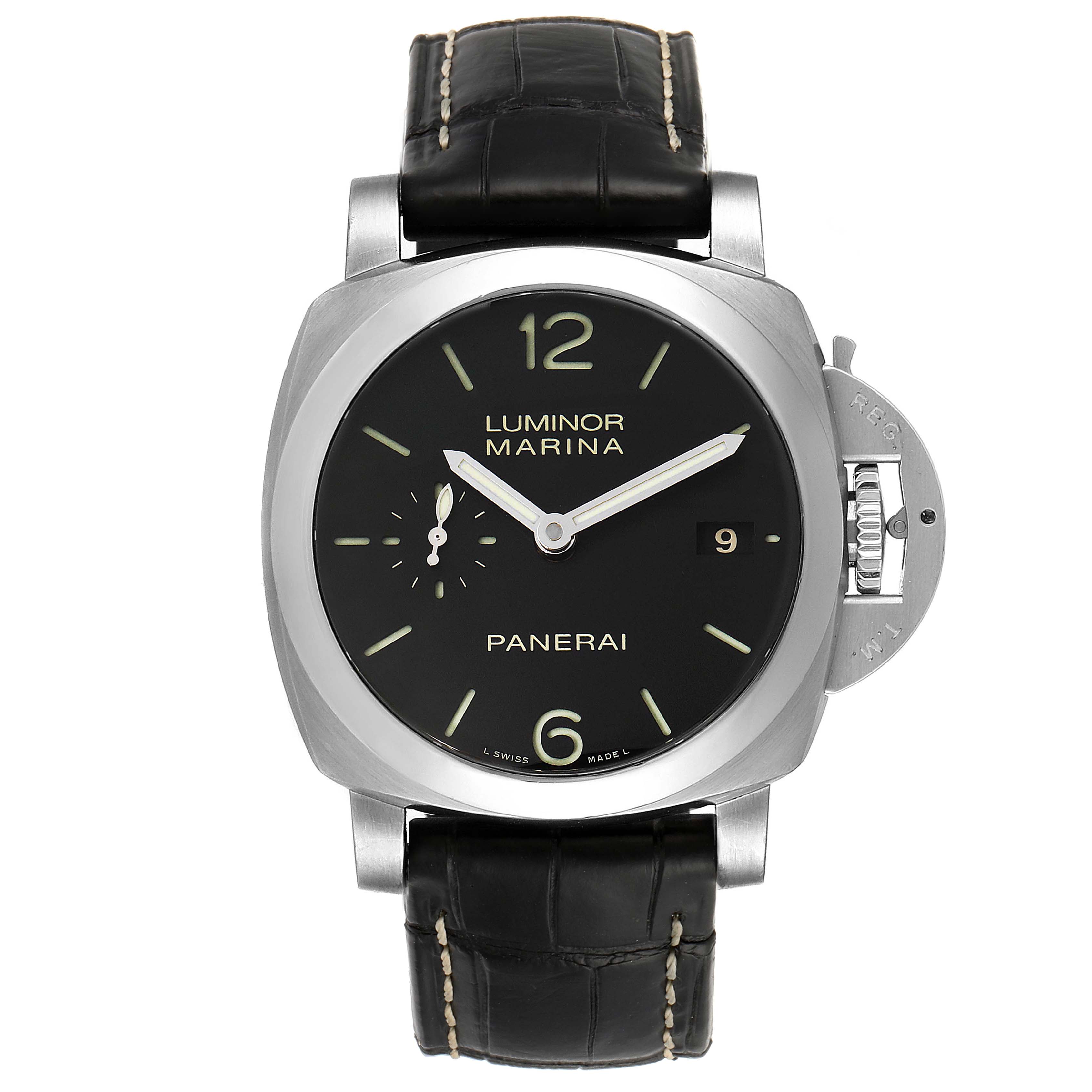 The image shows a Panerai Luminor PAM00392 Men
s Stainless Steel Black Dial PAM00392 Men
s Stainless Steel Black Dial Marina watch from a top view, highlighting its dial, strap, and signature crown guard.