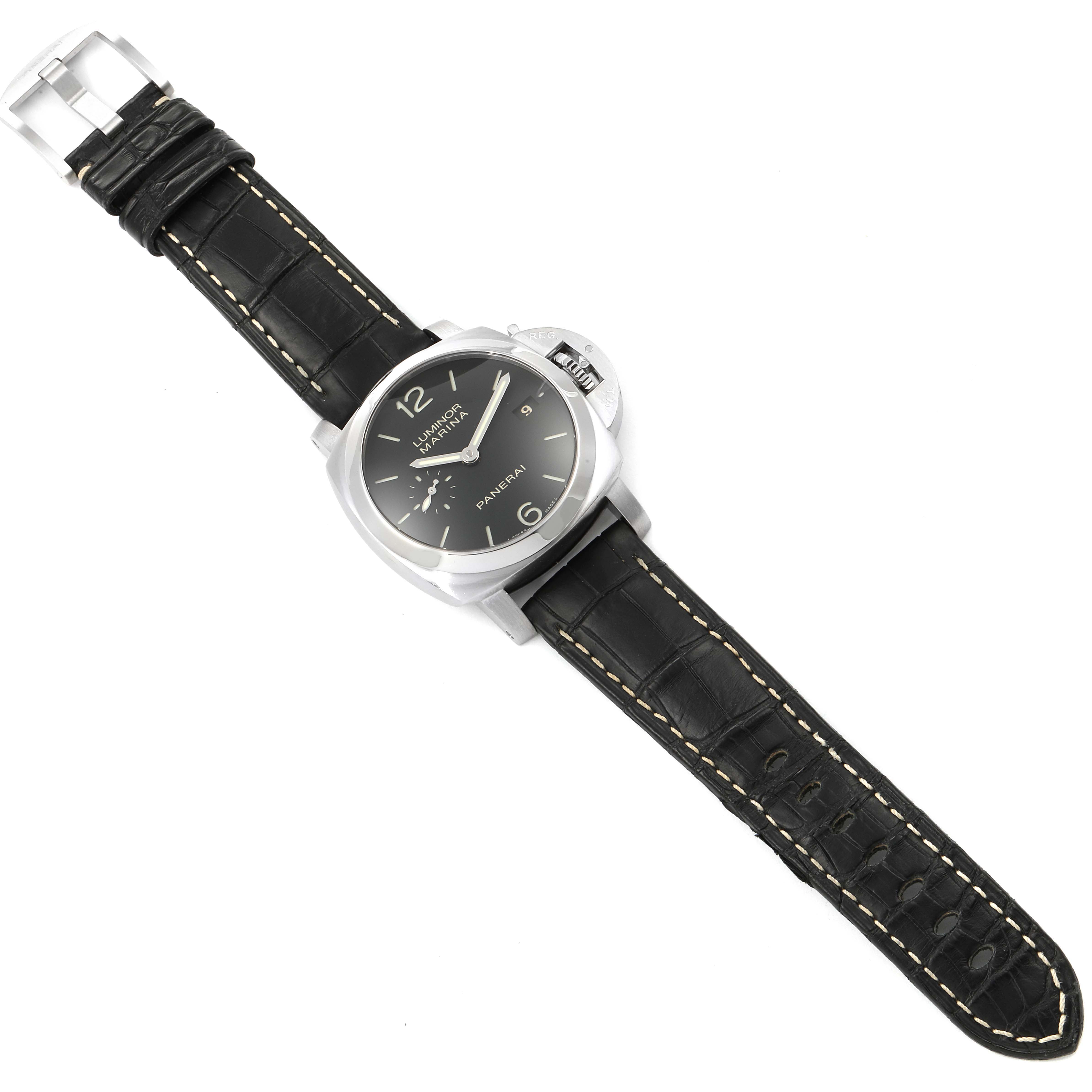 The image shows a top view of a Panerai Luminor PAM00392 Men
s Stainless Steel Black Dial PAM00392 Men
s Stainless Steel Black Dial watch, displaying the face, bezel, strap, and buckle.