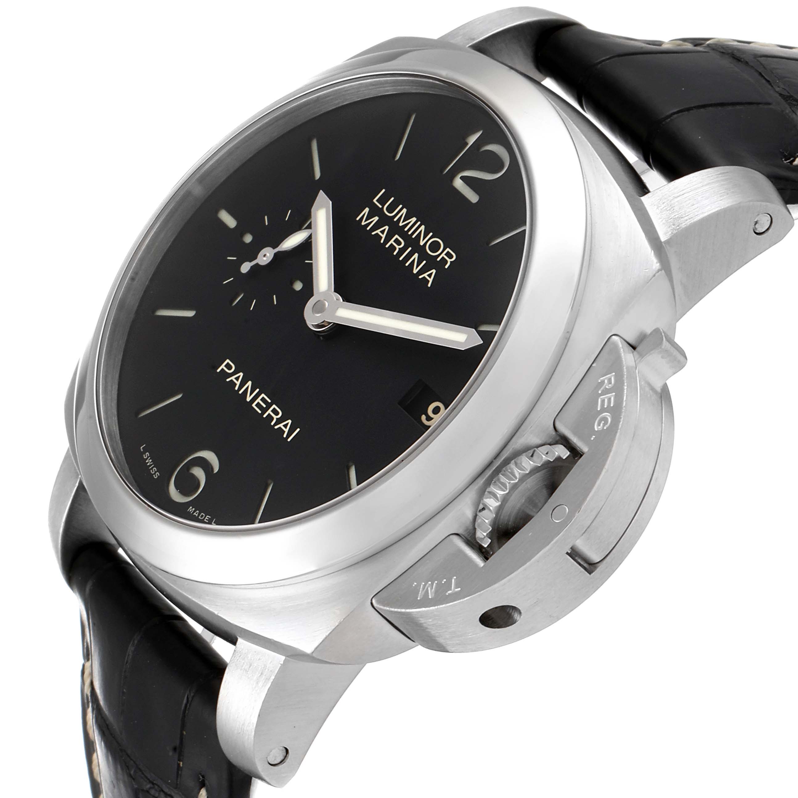 The image shows a close-up, side-angle view of a Panerai Luminor PAM00392 Men
s Stainless Steel Black Dial PAM00392 Men
s Stainless Steel Black Dial Marina, focusing on its dial and protected crown mechanism.