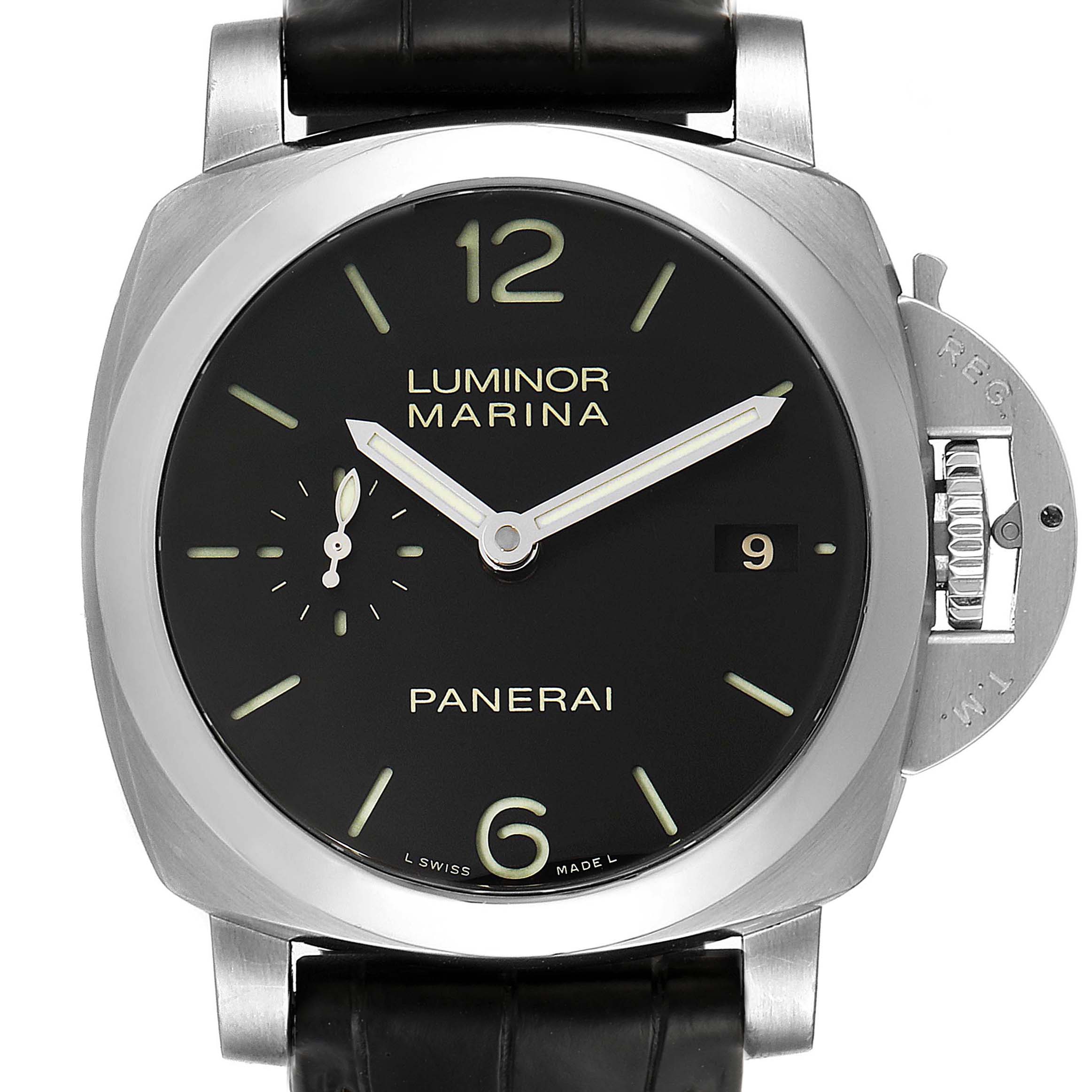 This image shows a front view of a Panerai Luminor PAM00392 Men
s Stainless Steel Black Dial PAM00392 Men
s Stainless Steel Black Dial Marina watch, displaying its black dial, date window, and crown guard.