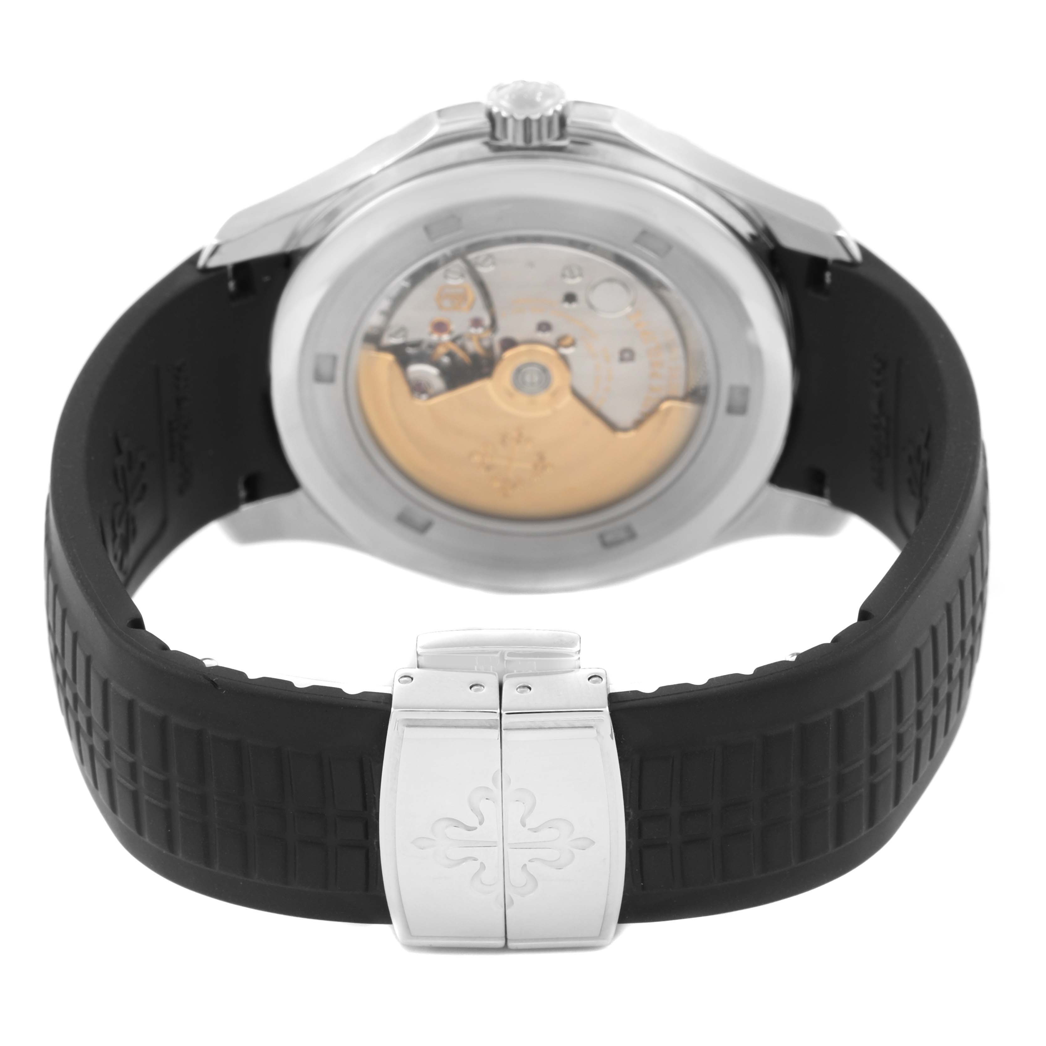 The image shows a Patek Philippe Nautilus 5167A-001 Men's Stainless Steel Grey Dial watch from the rear, highlighting the movement and deployment clasp on a rubber strap.