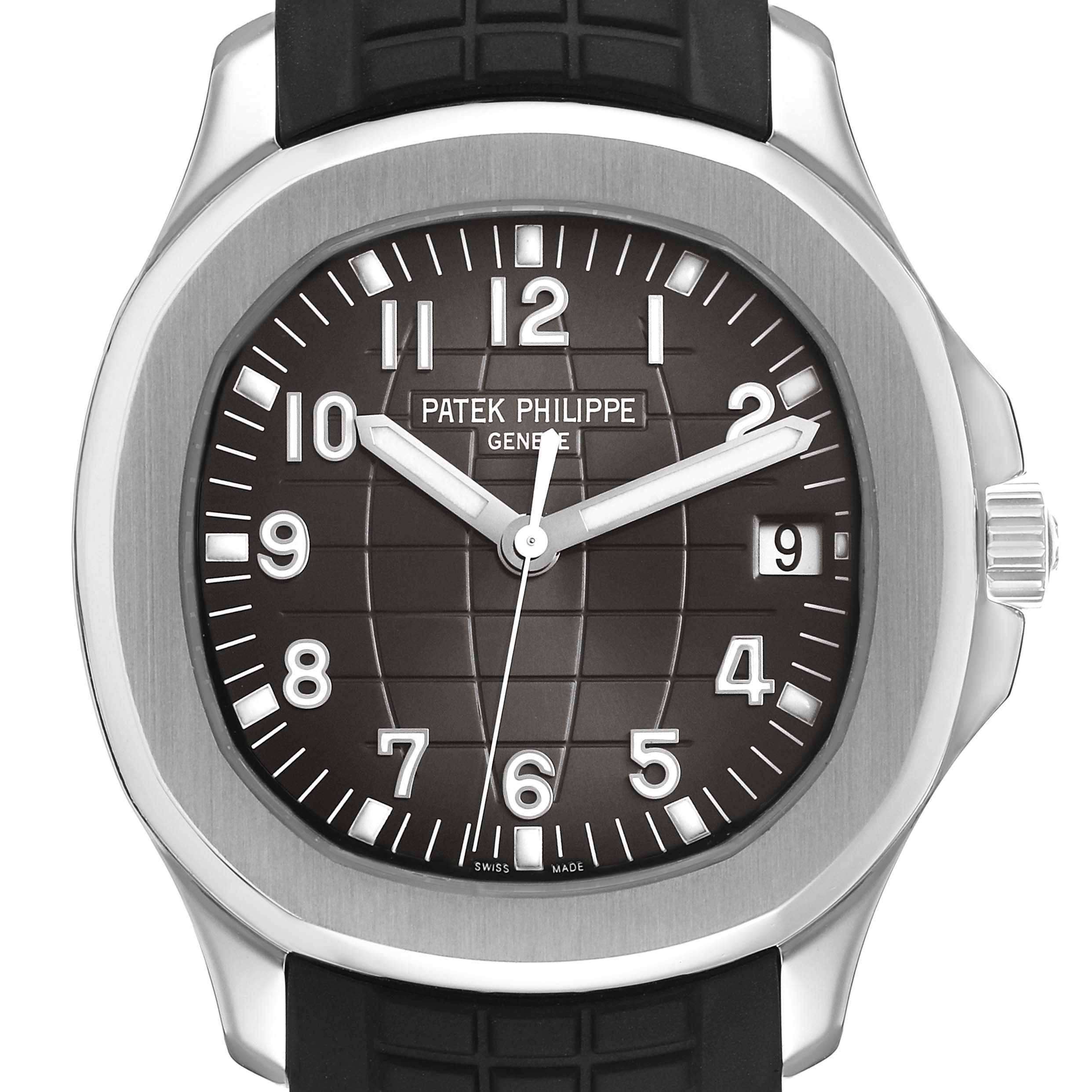 The Patek Philippe Nautilus 5167A-001 Men's Stainless Steel Grey Dial watch is shown from the front, highlighting its dial, bezel, and crown.