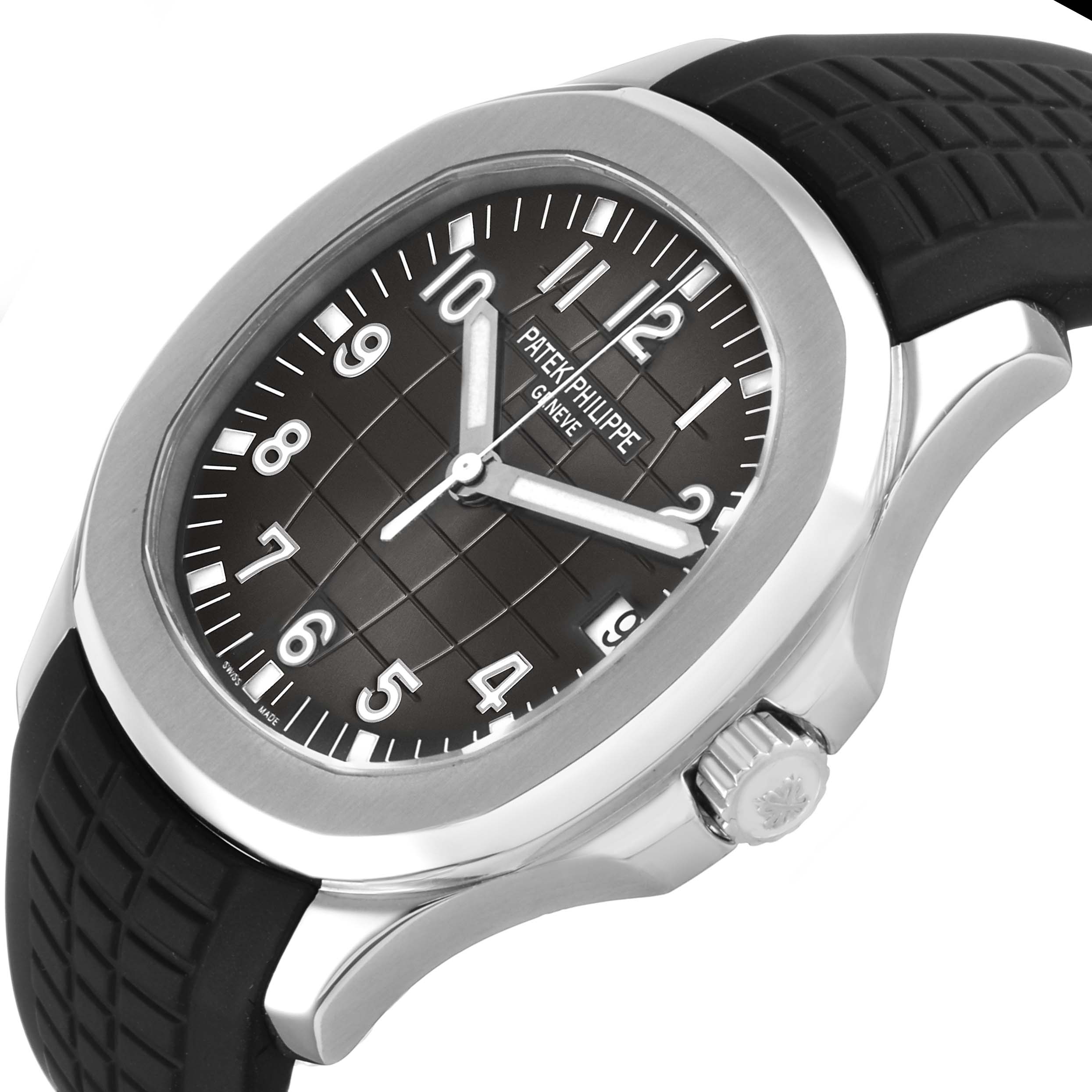 The Patek Philippe Nautilus 5167A-001 Men's Stainless Steel Grey Dial watch is shown at a slight angle, highlighting the dial, bezel, crown, and strap integration.