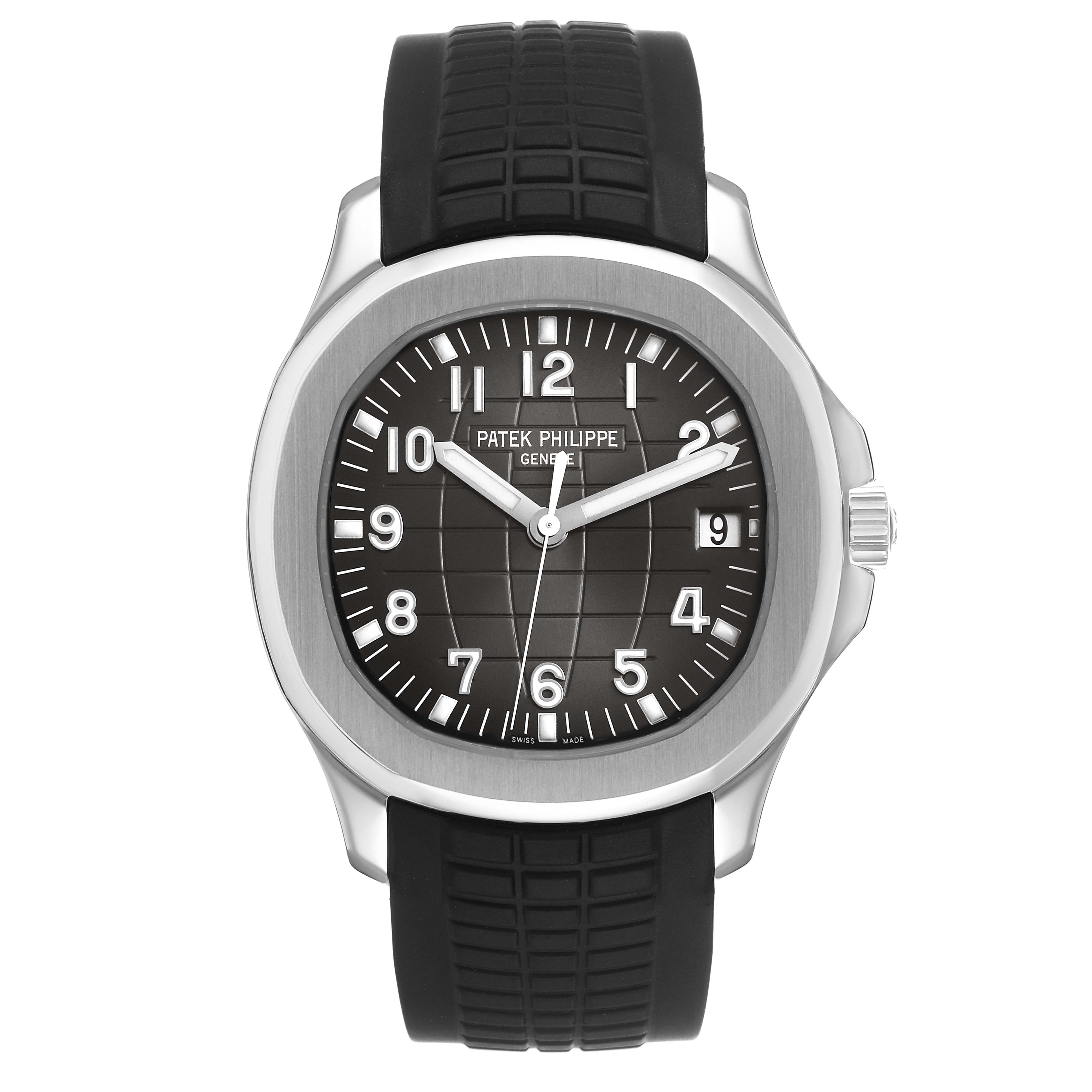 The image shows a front view of a Patek Philippe Nautilus 5167A-001 Men's Stainless Steel Grey Dial watch, highlighting the dial, bezel, and strap.