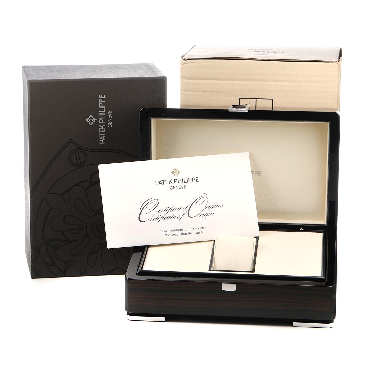 The image shows a Patek Philippe Nautilus 5167A-001 Men's Stainless Steel Grey Dial watch box set with an open box, packaging, and a certificate of origin.