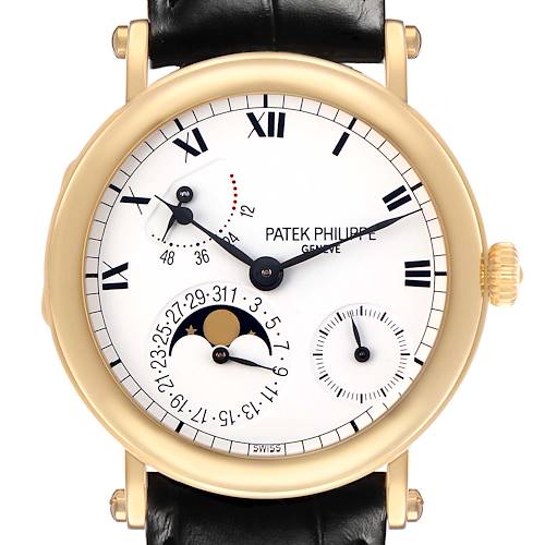 The Patek Philippe Complications 5054 Men's Yellow Gold White Dial watch is shown from the front, highlighting the dial with its moon phase, subdials, and Roman numerals.