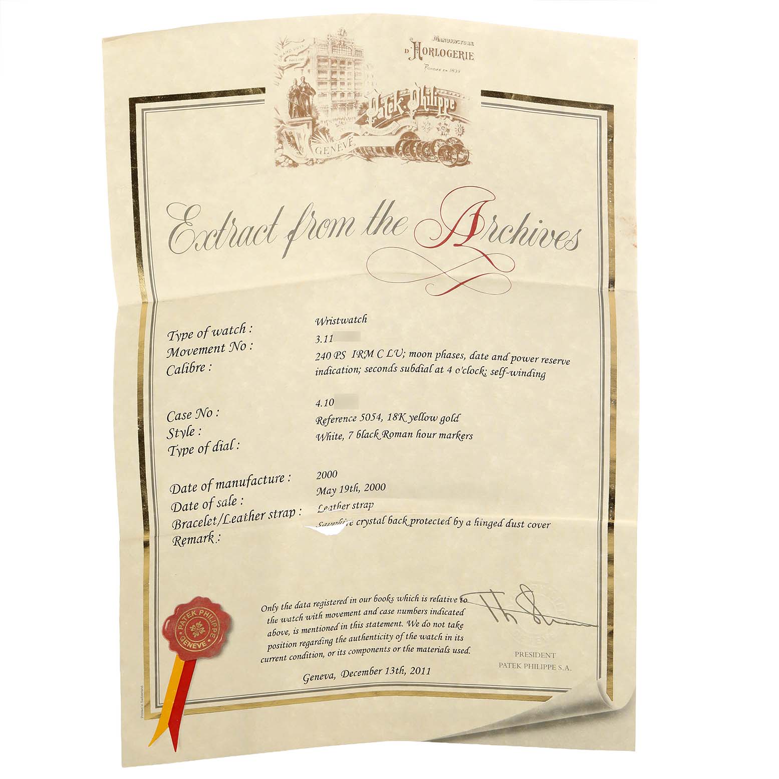 The image shows a tilted document related to a Patek Philippe Complications 5054 Men's Yellow Gold White Dial watch, detailing model specifications and manufacturing info.