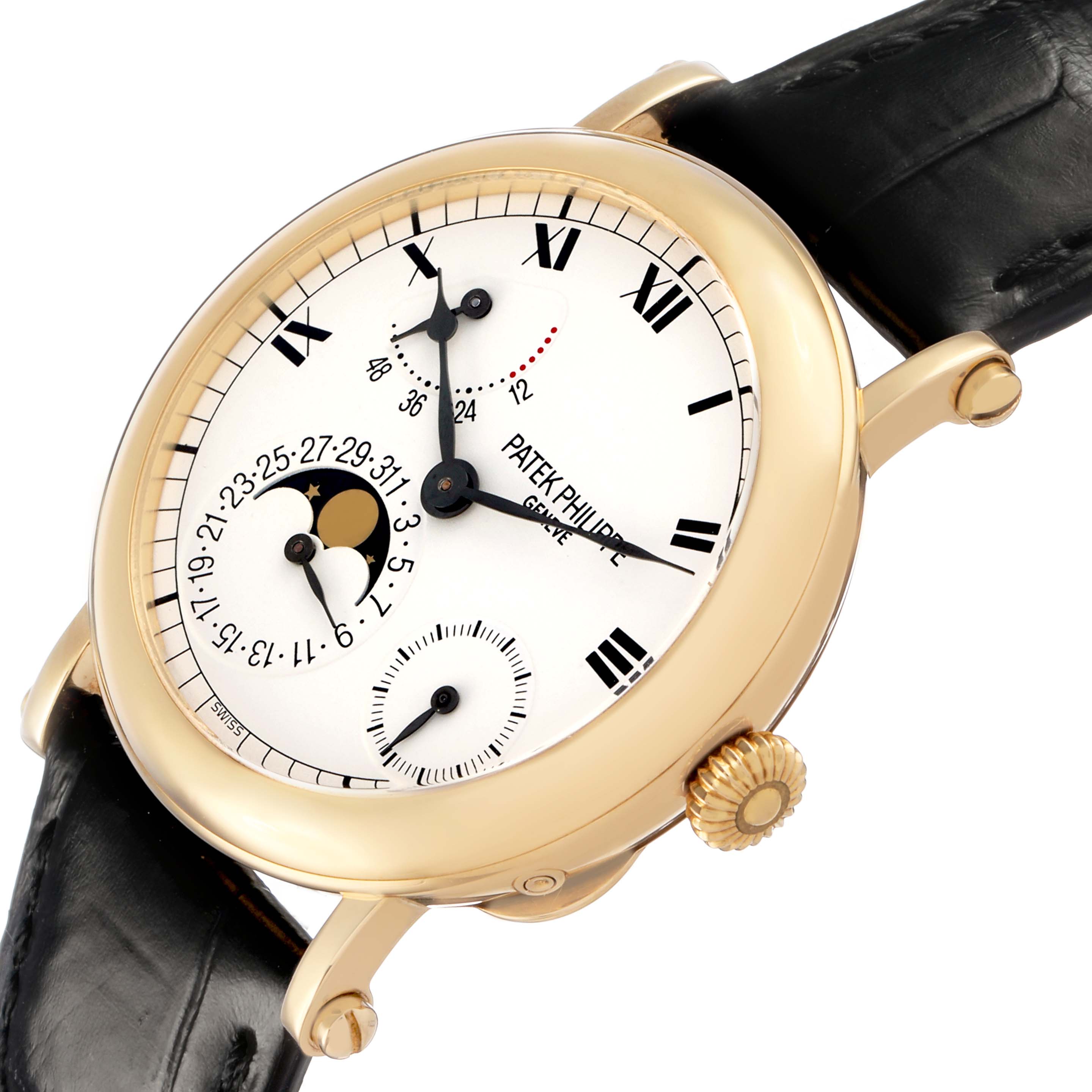 The Patek Philippe Complications 5054 Men's Yellow Gold White Dial watch is shown at an oblique angle, highlighting the dial, crown, and lugs.