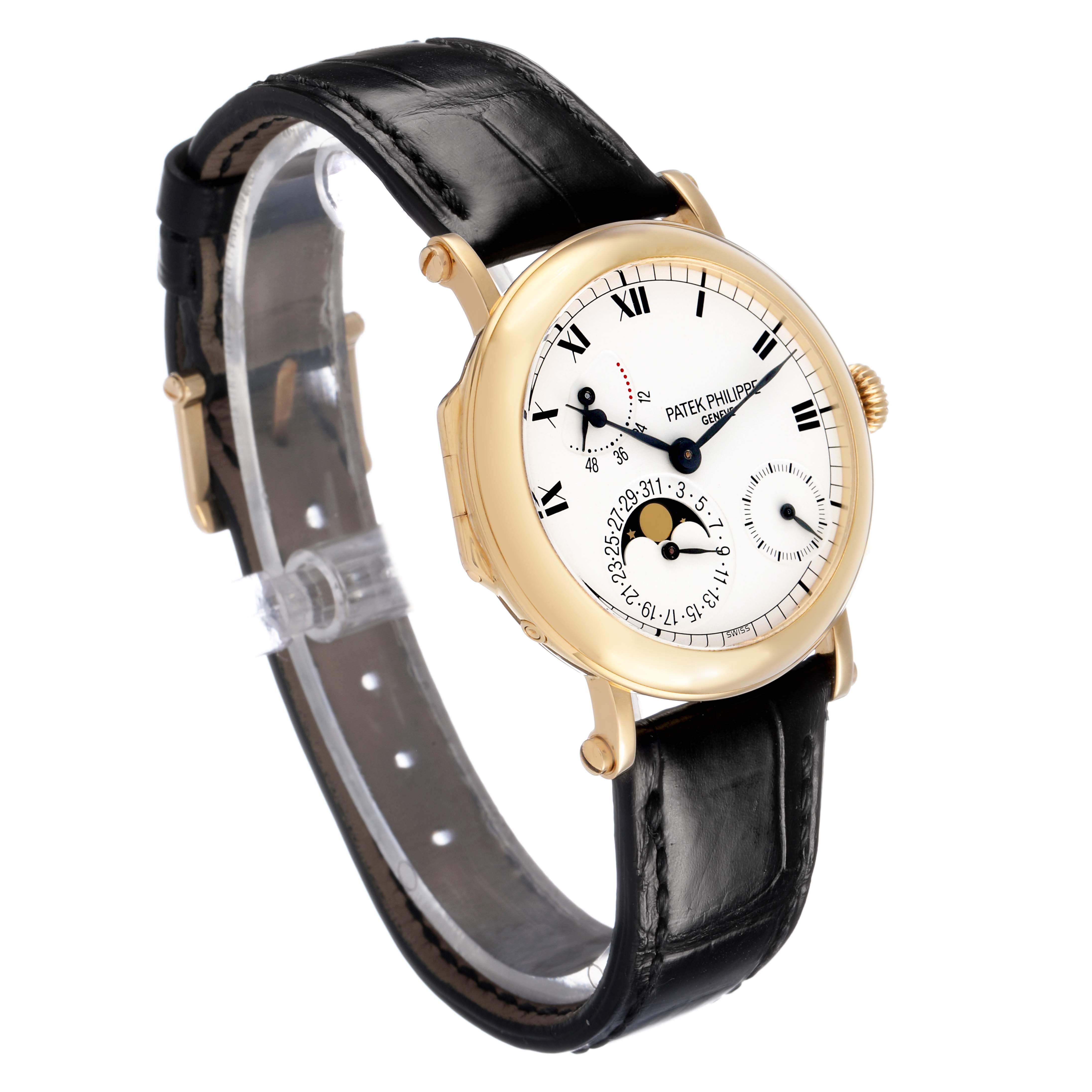 The Patek Philippe Complications 5054 Men's Yellow Gold White Dial watch is shown at a slight angle, highlighting the dial, gold case, black leather strap, and crown.