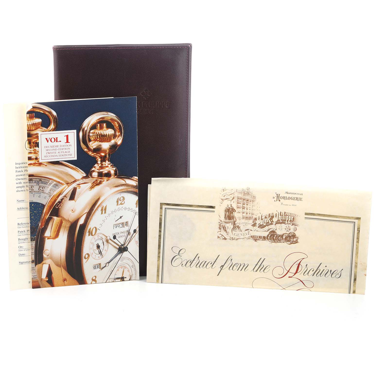 The image shows Patek Philippe Complications 5054 Men's Yellow Gold White Dial watch booklets and documents with a focus on archive extracts.