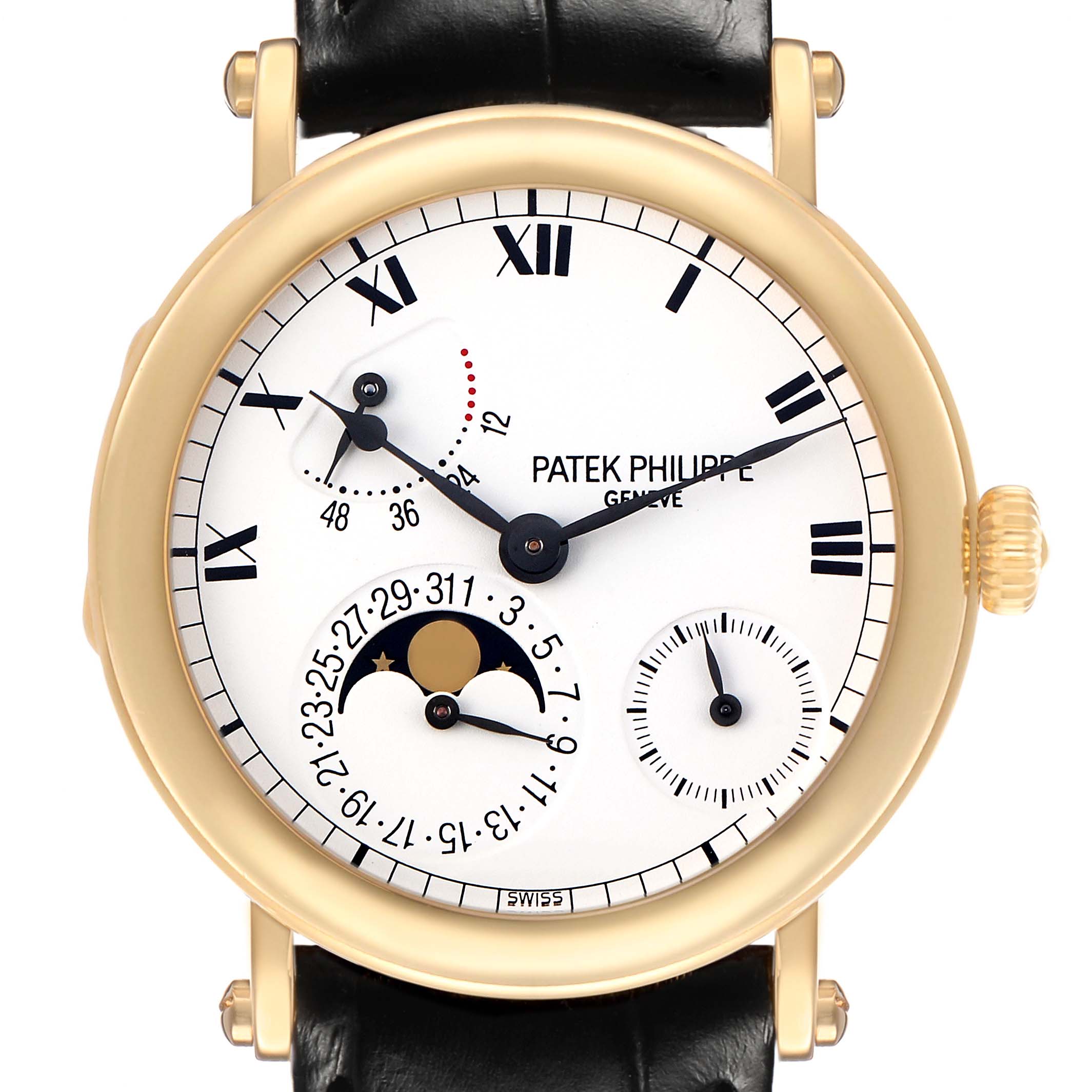 The Patek Philippe Complications 5054 Men's Yellow Gold White Dial watch is shown from a front angle, highlighting its dial, hands, and complications.