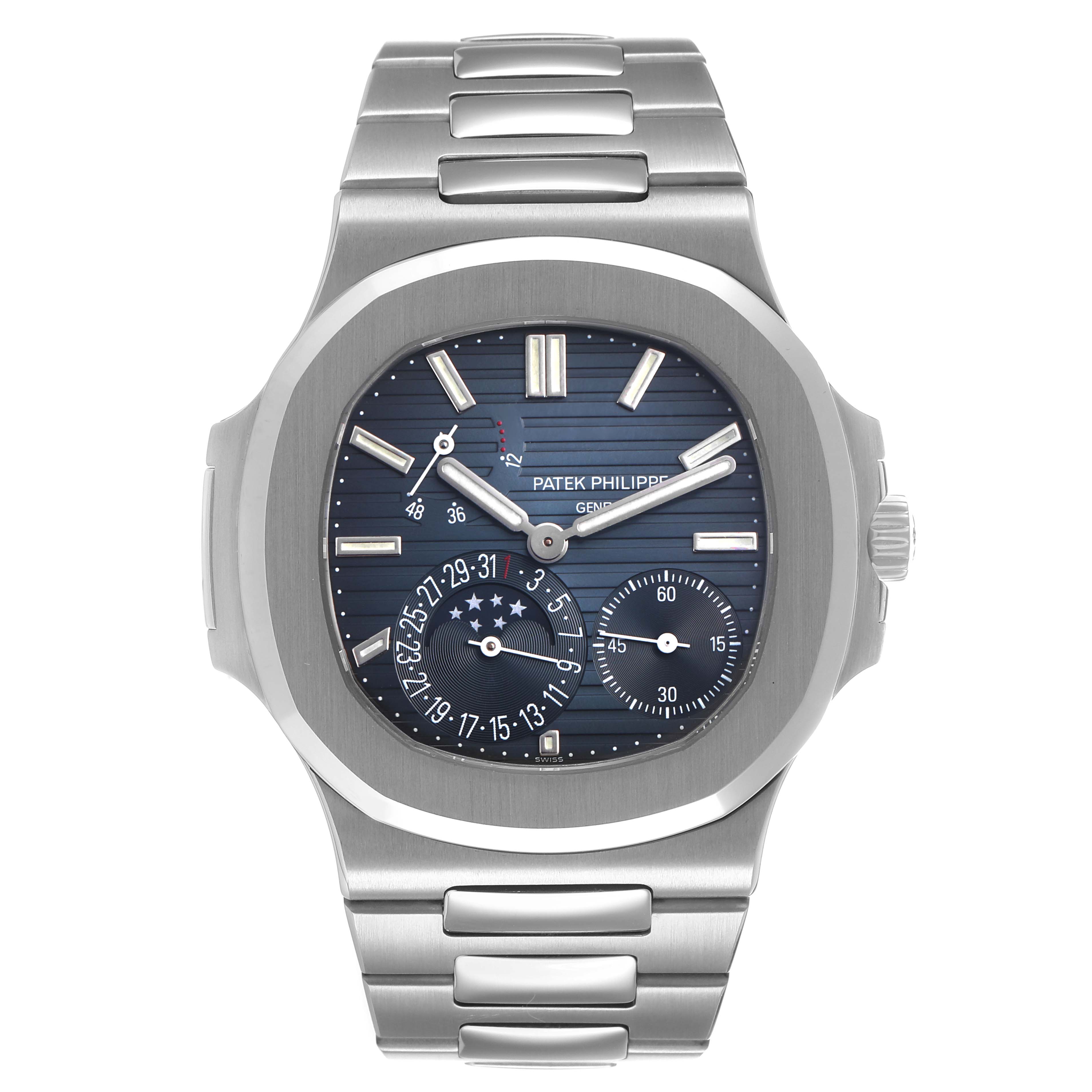 The image shows a front view of the Patek Philippe Nautilus 5712/1A-001 Men's Stainless Steel Blue Dial watch, highlighting its dial, bezel, and bracelet.
