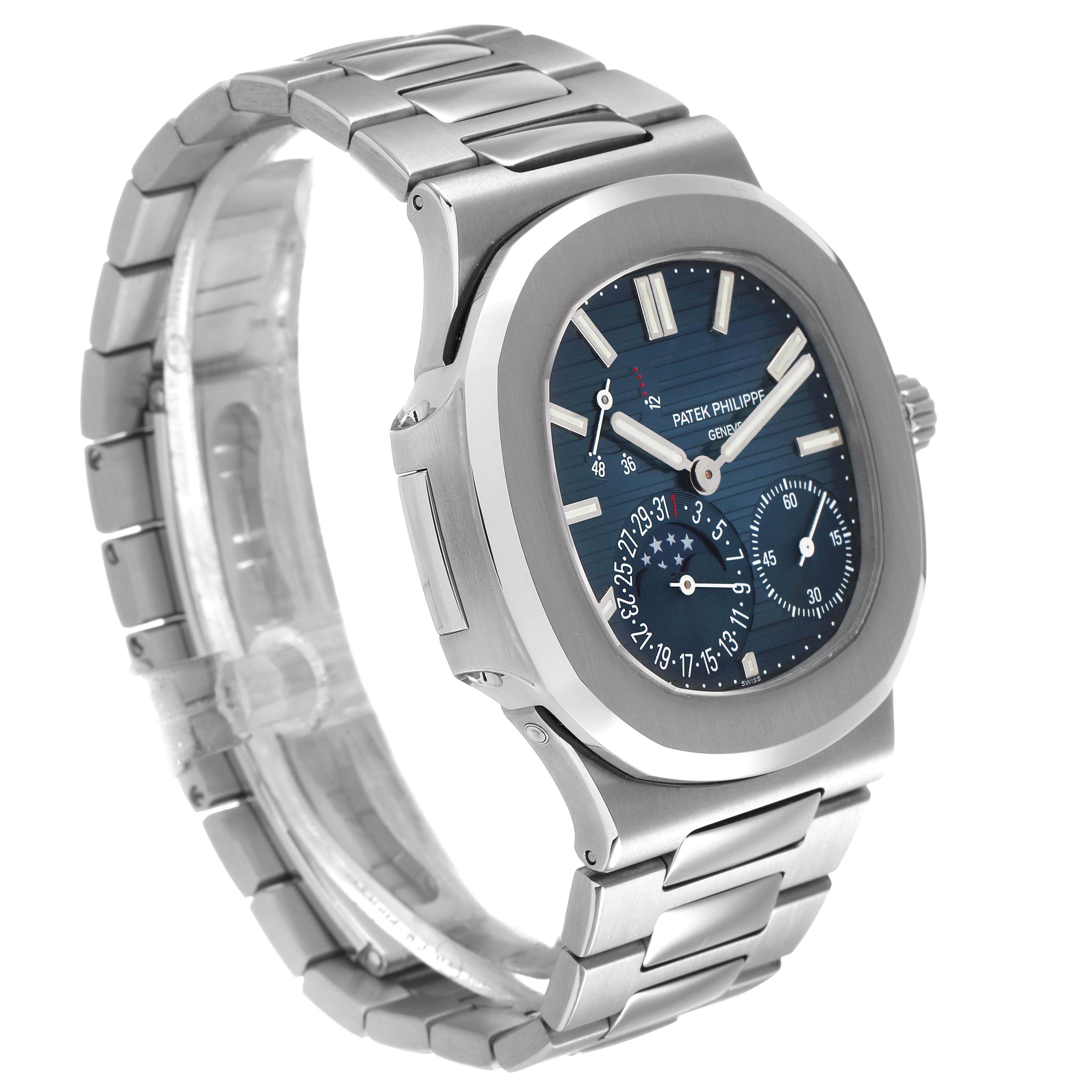 The Patek Philippe Nautilus 5712/1A-001 Men's Stainless Steel Blue Dial watch is shown at a three-quarter angle, highlighting the dial, bezel, and bracelet.