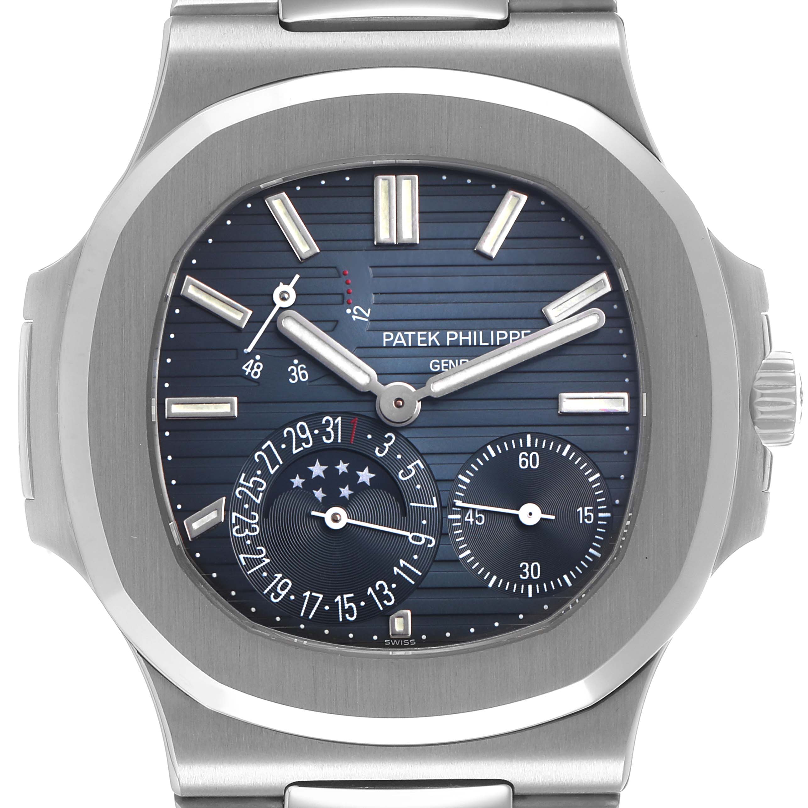 The Patek Philippe Nautilus 5712/1A-001 Men's Stainless Steel Blue Dial watch is shown from the front, displaying its dial, hands, subdials, and bracelet.