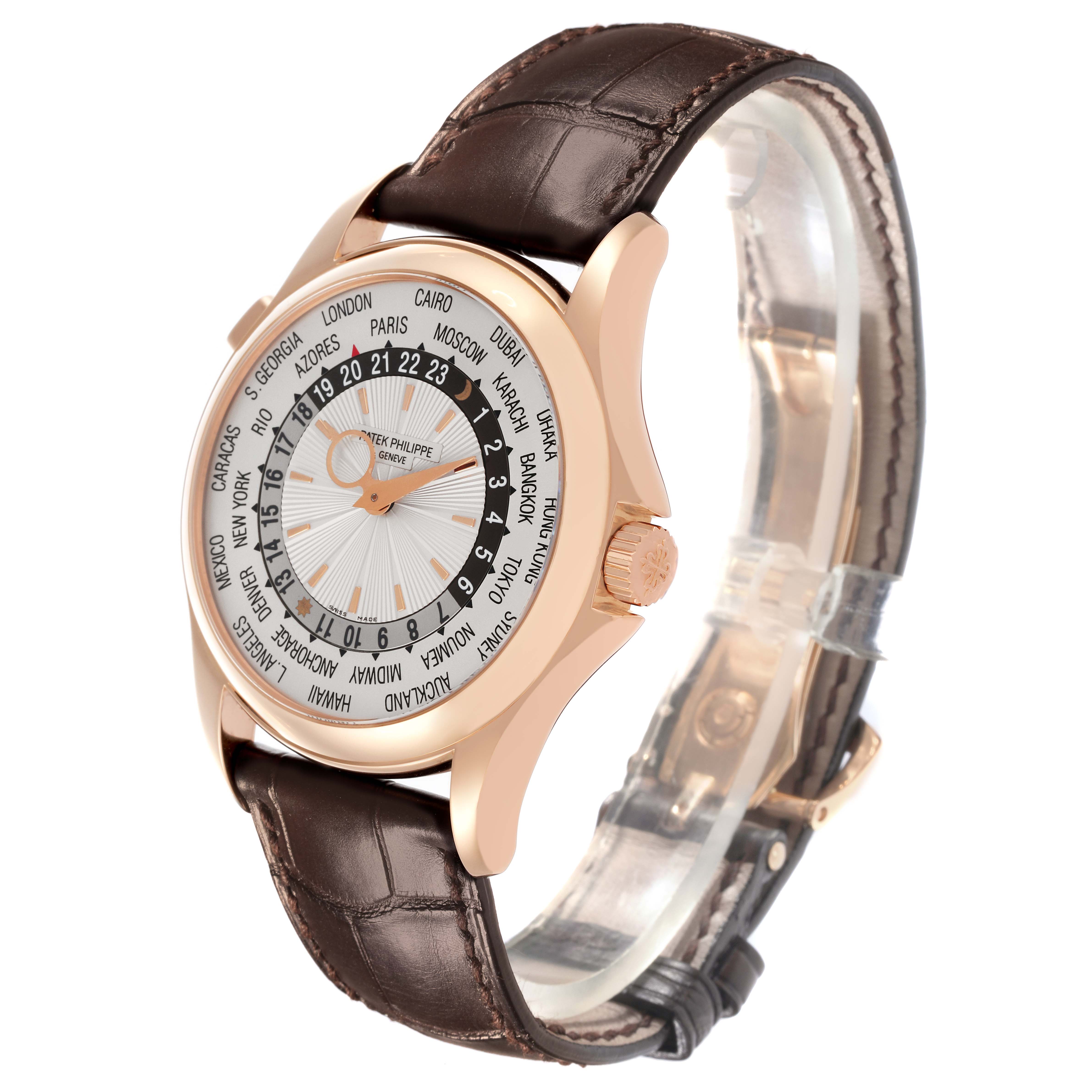 The Patek Philippe Complications 5130R-001 Men's Rose Gold Silver Dial 5130R-001 Men's Rose Gold Silver Dial watch is shown from a three-quarter angle, displaying the face, sides, and part of the strap.